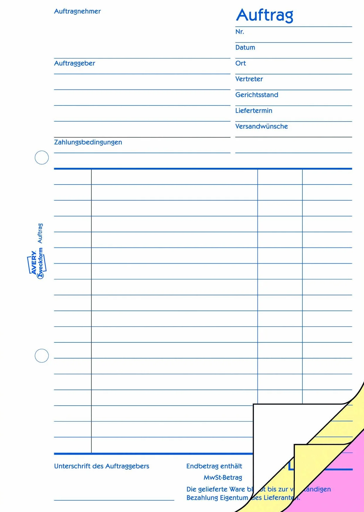AVERY Zweckform 1726-5 zamówienie (A5, 3 x 40 arkuszy, samowykopiujące z kolorowymi kopertami, do systematycznego rejestrowania wszystkich istotnych pozycji nakładania) 5 sztuk, biały/żółty/różowy