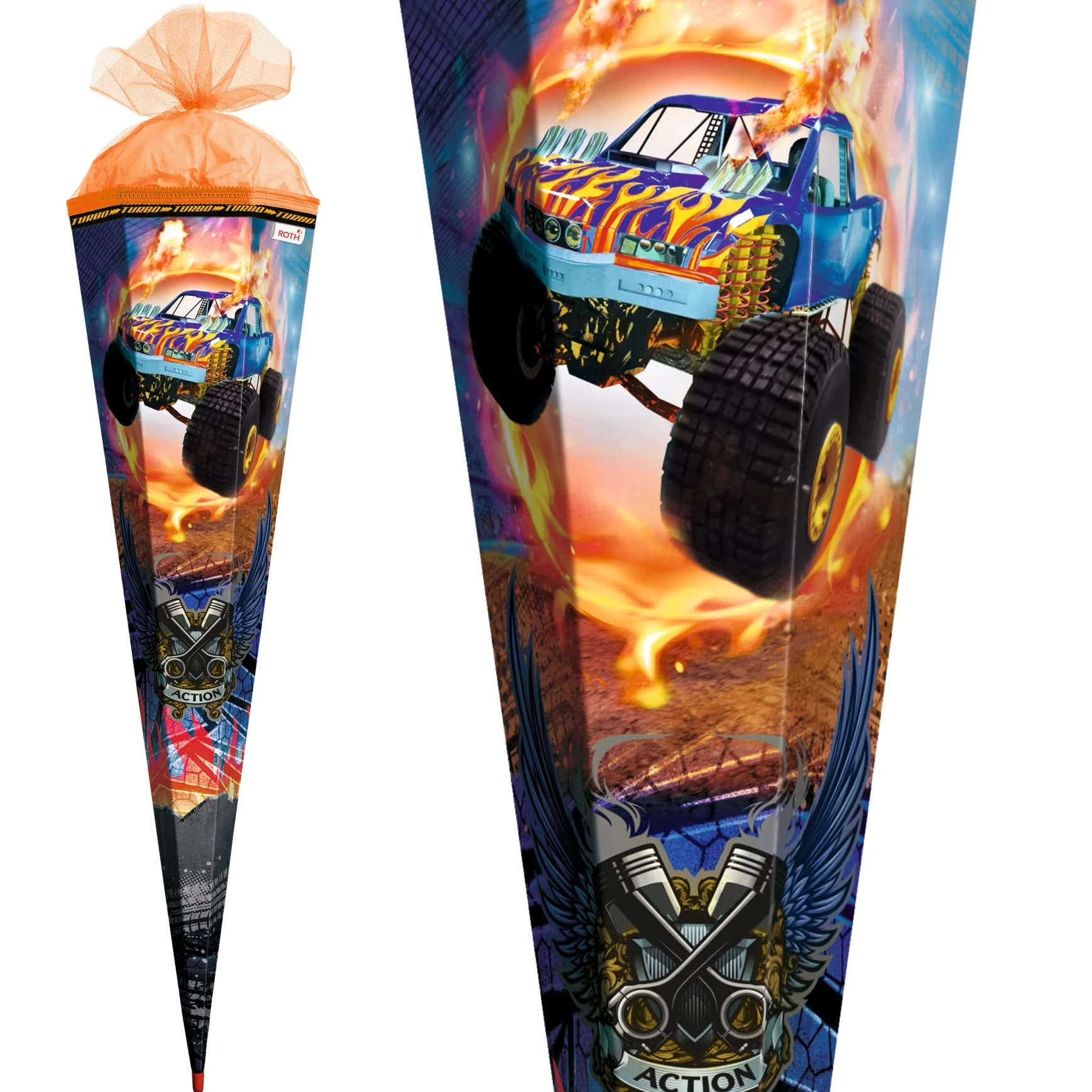ROTH Rożek szkolny duży Monster Truck Fire ze specjalną lamówką 85 cm - 6-kątny czerwony koronka tiulowe zamknięcie - rożek na słodycze początek roku szkolnego