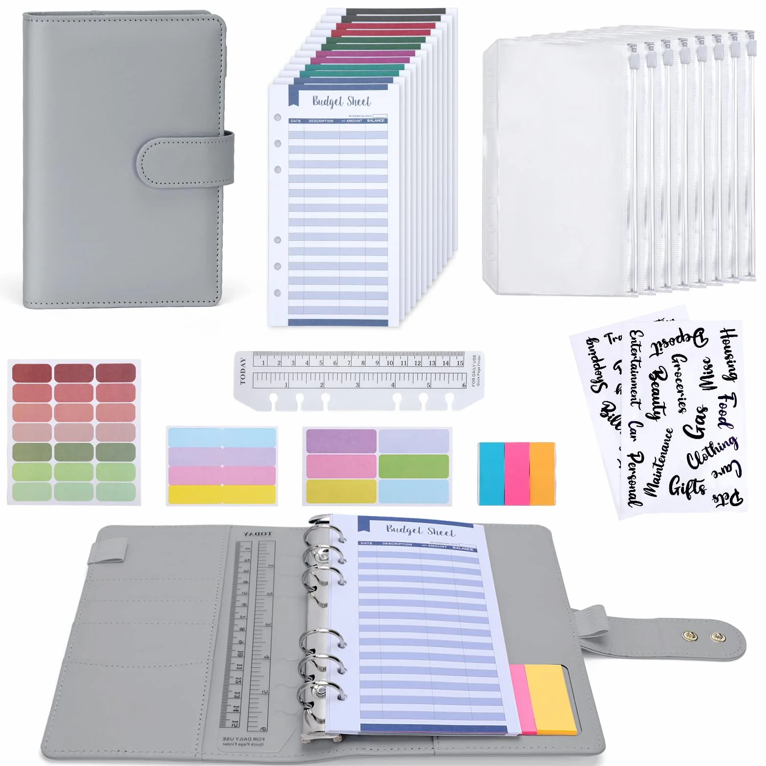 Euqvunn Budget Binder, Budget Planner A6 z kopertami na gotówkę, regulowane zapięcia, portfel do oszczędzania pieniędzy, dla organizatora pieniędzy, segregator A6 książeczka oszczędnościowa -Szary
