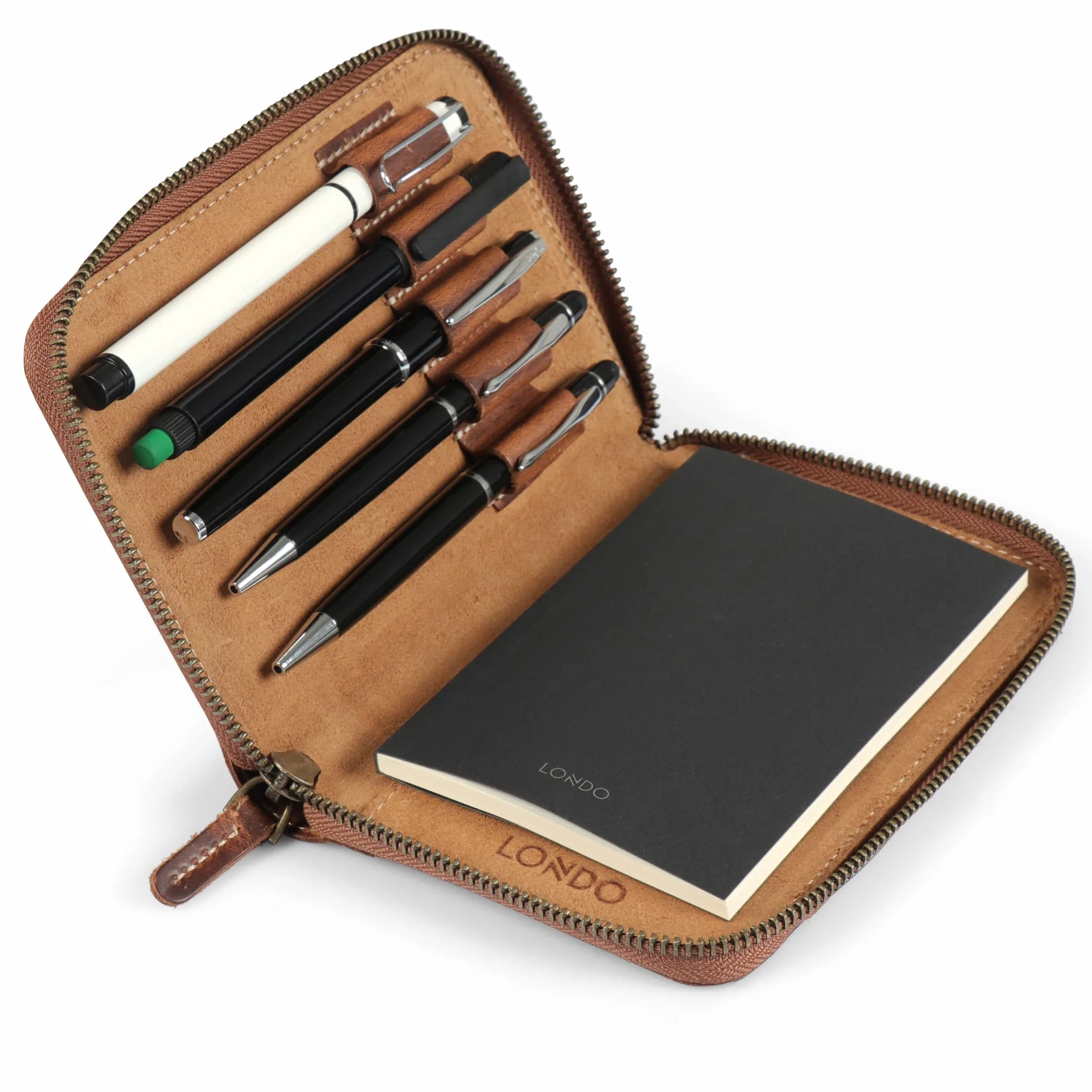Londo OTTO486 Padfolio z prawdziwej skóry z uchwytem na długopis Notepad i zamkiem błyskawicznym (cynamon)