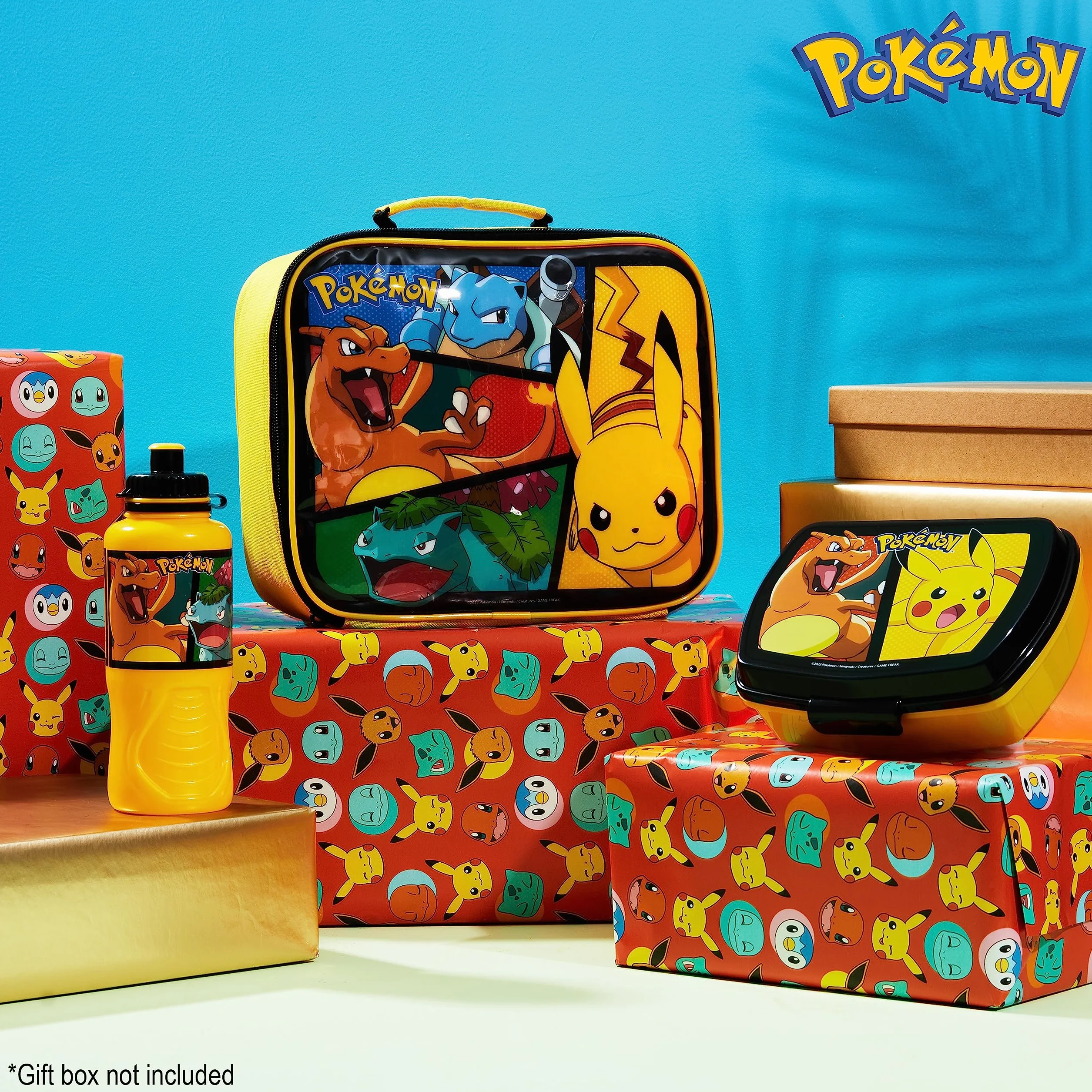Pokémon Termiczny pojemnik na lunch, pudełko na lunch i butelka, 3-częściowy zestaw - prezent dla dzieci (żółty)