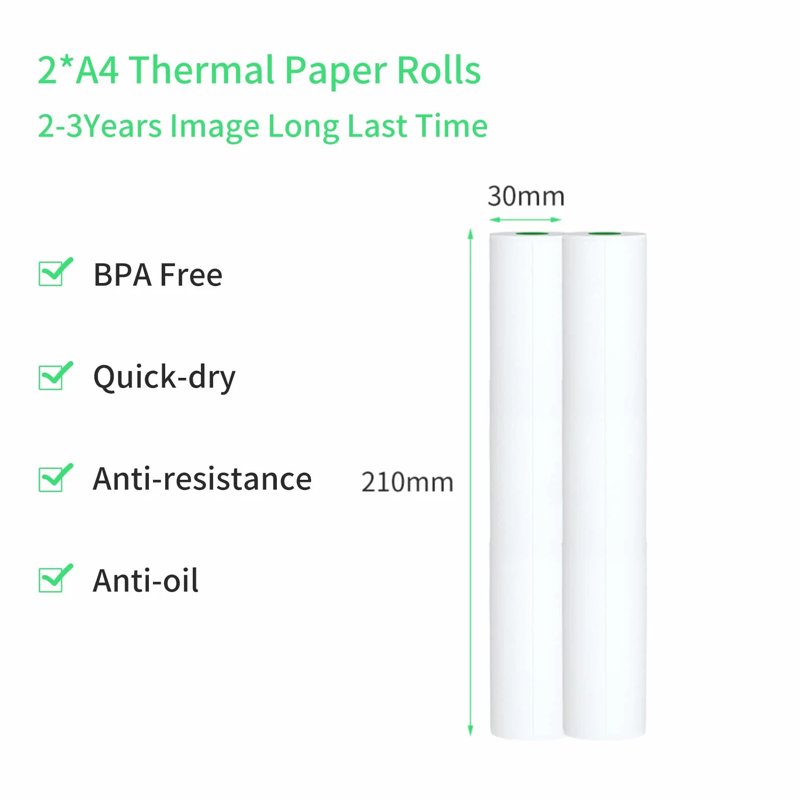 Bisofice Papier do drukarki termicznej A4, 2 rolki, kompatybilny ze wszystkimi przenośnymi drukarkami termicznymi, nie zawiera BPA, idealny do drukowania zdjęć, 22 arkusze/rolka