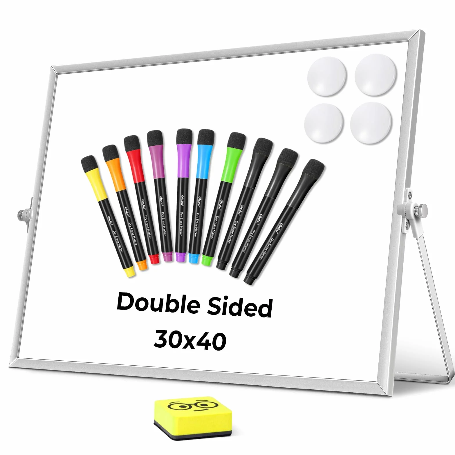 Ohuhu Mini tablica suchościeralna A3, mała biała tablica z 10 długopisami, 4 magnesami i 1 gumką, dwustronna tablica magnetyczna na biurko 40 x 30 cm, ze stojakiem, na ścianę, do rysowania