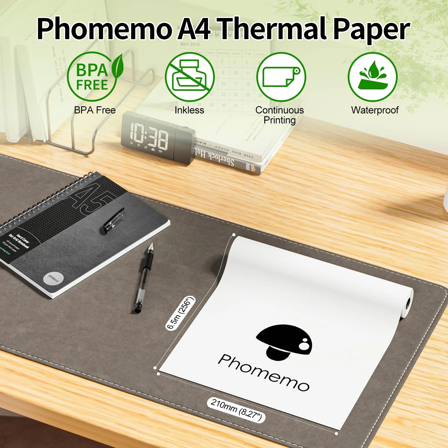 Phomemo Papier termiczny do drukarki - A4 Size papier, 210 mm x 6,5 m, kompatybilny z Phomemo M08/P831/M832/M833/M834, przenośna drukarka A4, do podróży, domu, zdjęcia, rachunku, umowy, 2 rolki