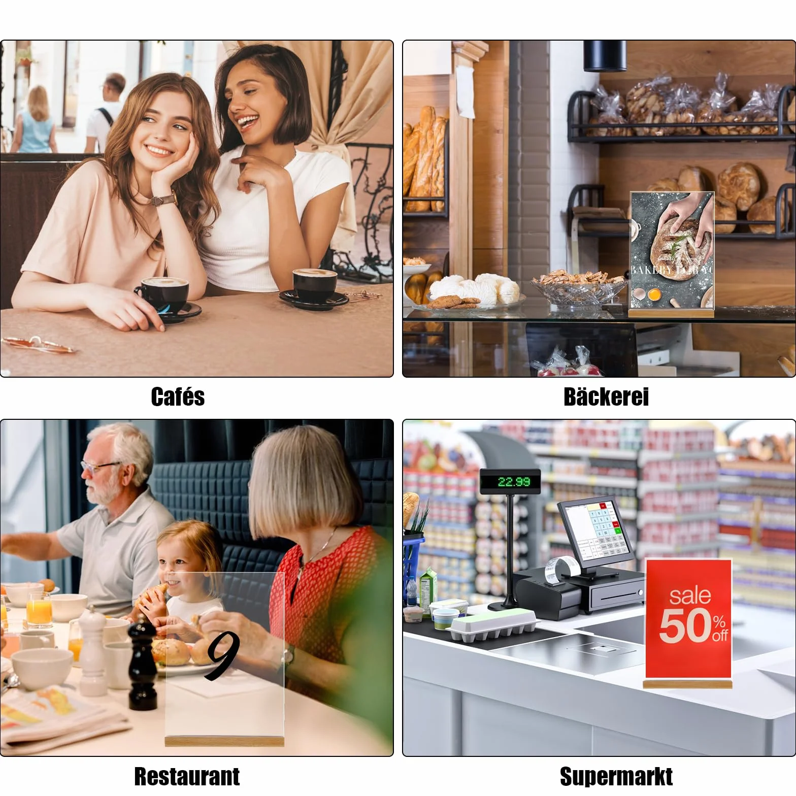 Yoosso Stojak na stół A5, 4 sztuki, w kształcie litery L, format A5, akrylowy, ekspozycja reklamowa z drewnianą podstawą do menu, kawiarni, restauracji, sklepu, na wesele (21 x 14,3 cm)
