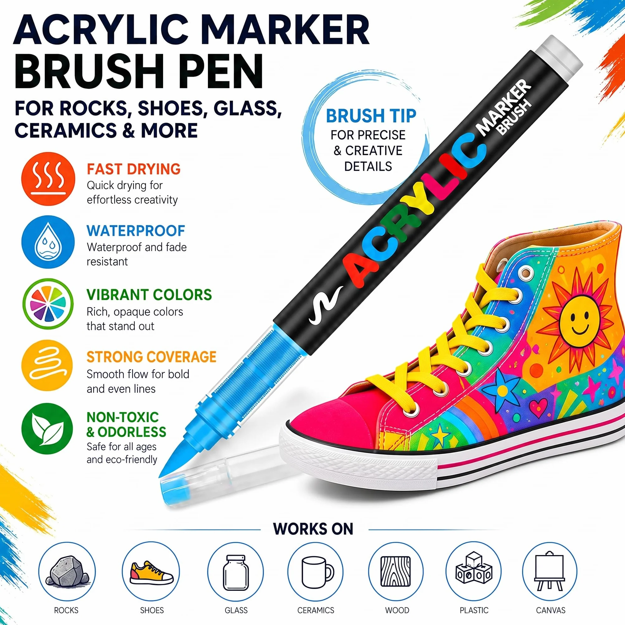 Zestaw 72 Acrylic Paint Pens · Akrylowe Pisaki z Końcówką Pędzelkową · Markery na Bazie Wody · Kryjące Pisaki do Kamienia, Szkła, Tkanin, Drewna, Płótna