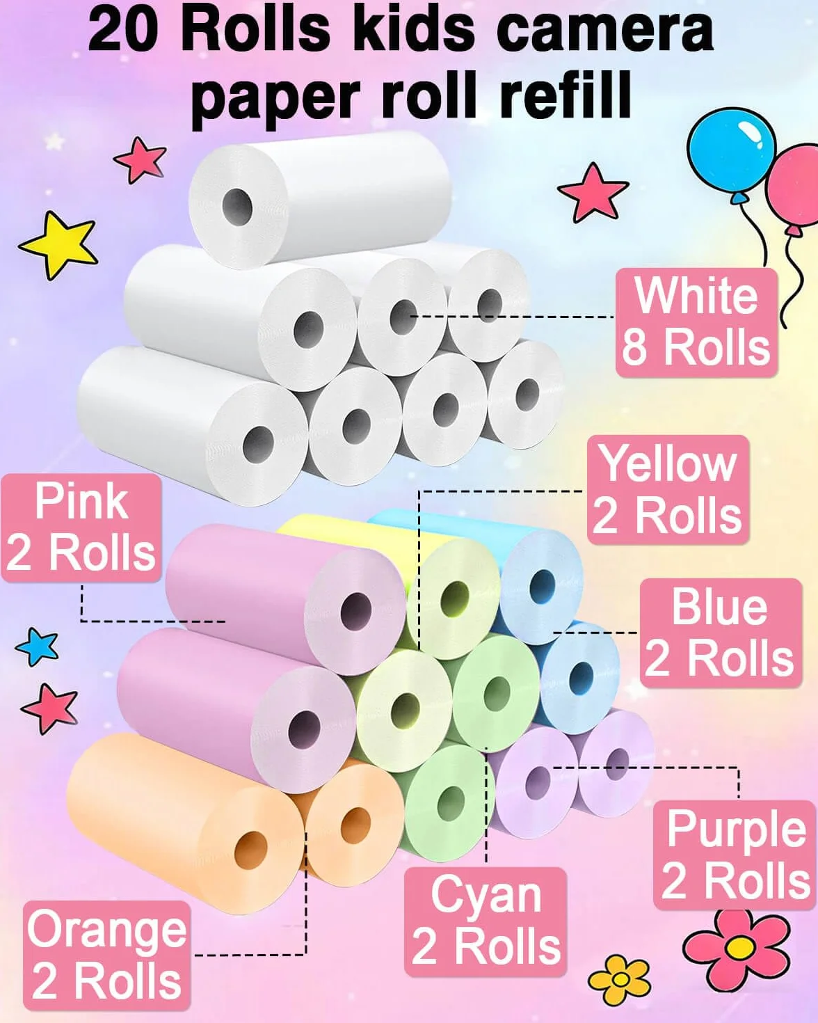 20 rolek natychmiastowego wkładu do aparatu fotograficznego, wkład papieru HD Kidizoom do aparatu fotograficznego dla większości dzieci, aparat natychmiastowy, bez BPA, 2,5 cm x 5,7 cm