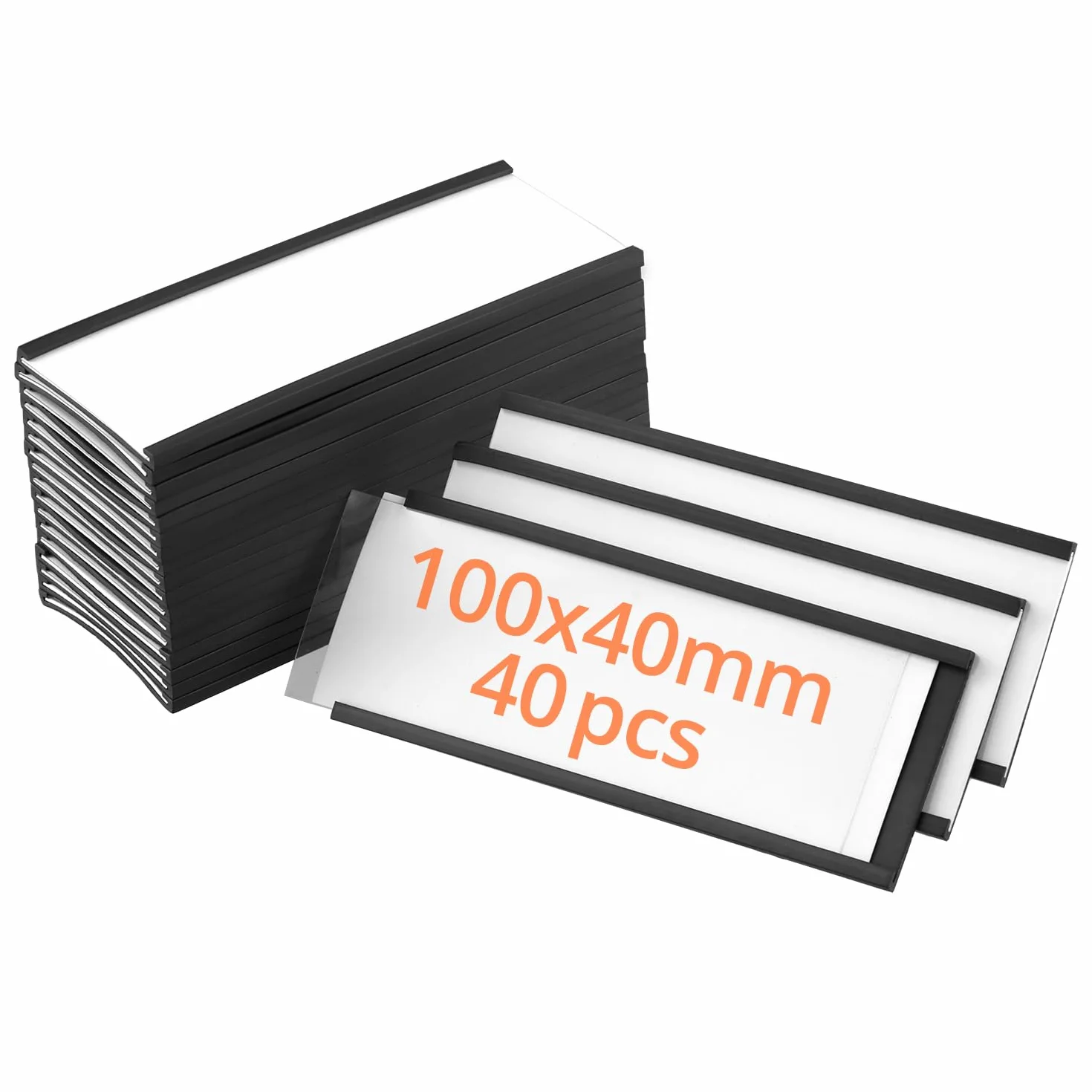 QWORK® 40 sztuk magnetycznych uchwytów na etykiety, 40 mm x 100 mm, wielokrotnego użytku, odporne na warunki atmosferyczne, z folią ochronną, magnetyczne plakietki z imieniem do metalowej tablicy,