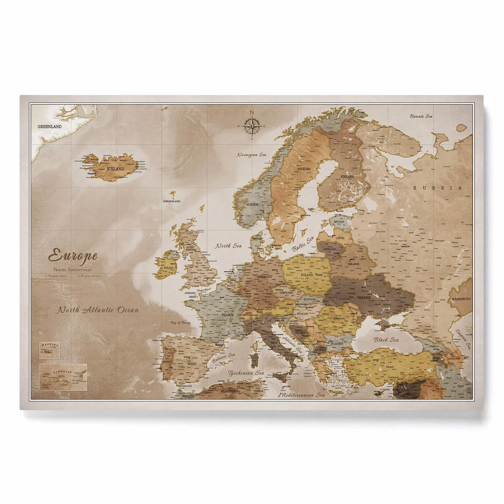 Mapa Europy na płótnie z korkową tablicą do przypięć - Dekoracja ścienna do wszystkich pomieszczeń - Obrazy na płótnie z motywem mapy Europy (120x80 cm, Wzór 11)