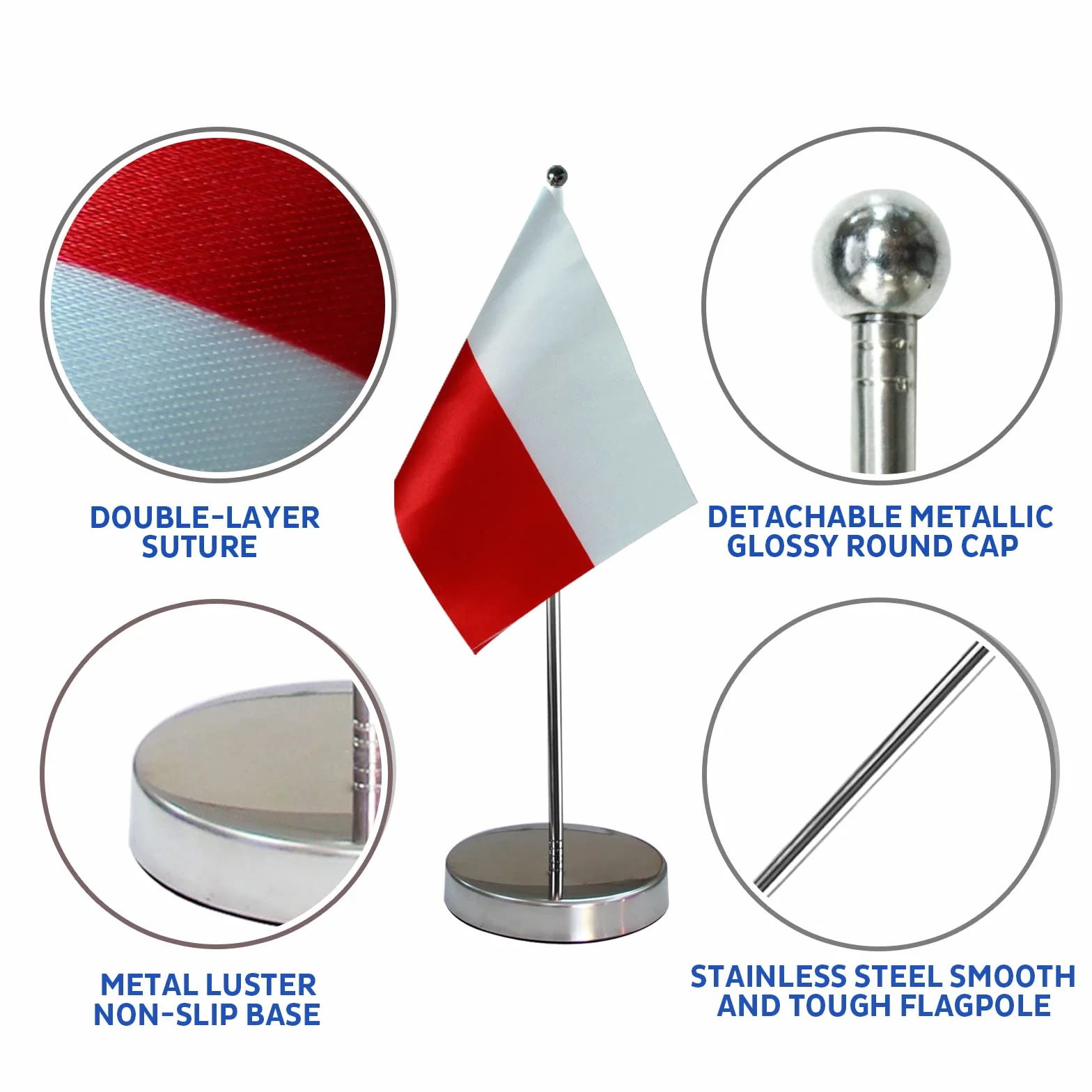 Polska flaga stołowa 23 x 15 cm – podstawa ze stali nierdzewnej, regulowany drążek