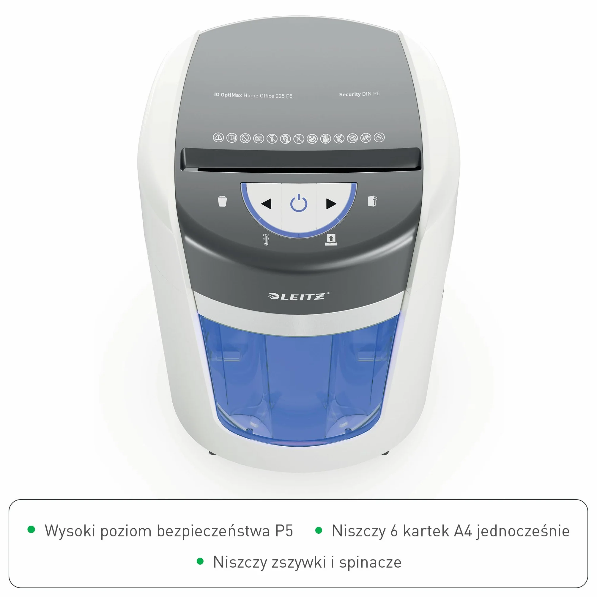 Leitz IQ OptiMax Small Office 225 niszczarka mikrocięcie, pojemnik 15 L (225 arkuszy), niszczy 8–9 kartek (70–80 g/m²), czas pracy 20 min, technologia obrotowa, +45% pojemności, poziom P5