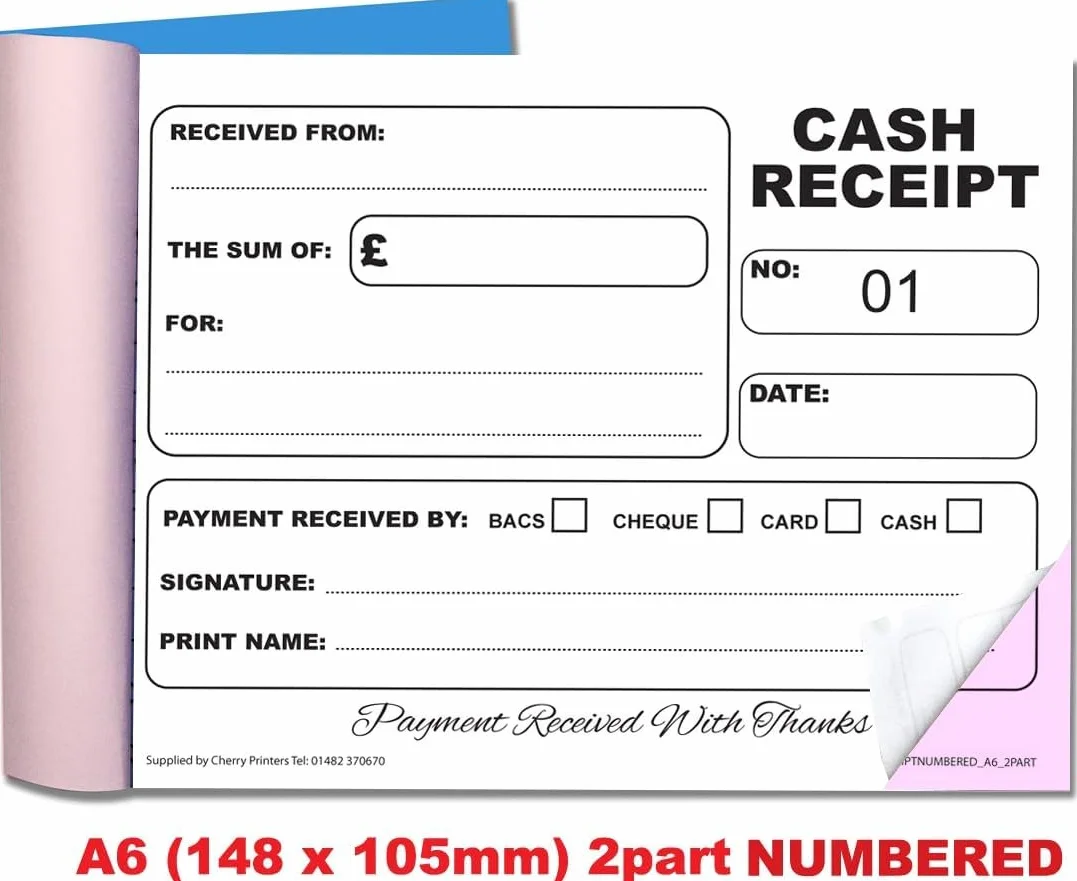 Cherry Carbonless NCR Cash Receipt Book Duplicate A6 50 Ponumerowanych Zestaw 2 Sztuki