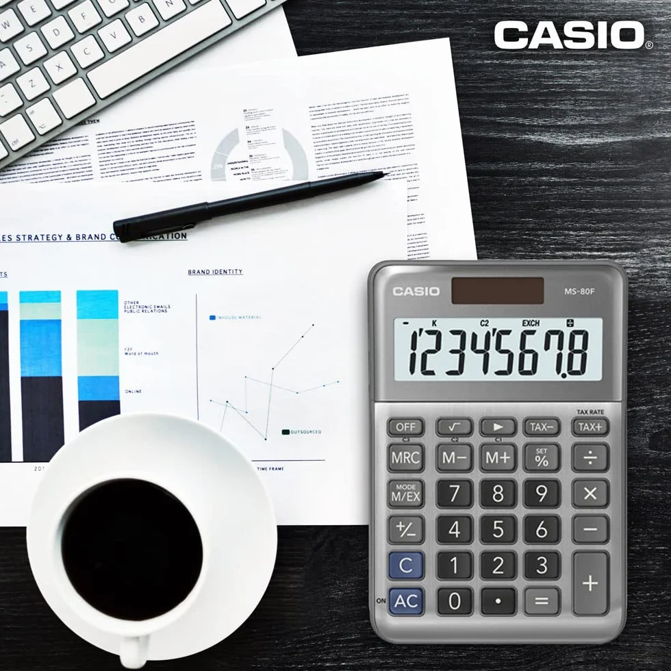 Casio Kalkulator biurkowy MS-80F, 8-cyfrowy, obliczenie podatku, pierwiastek kwadratowy, front aluminiowy, zmiana znaku, zasilanie energią słoneczną/bateryjną
