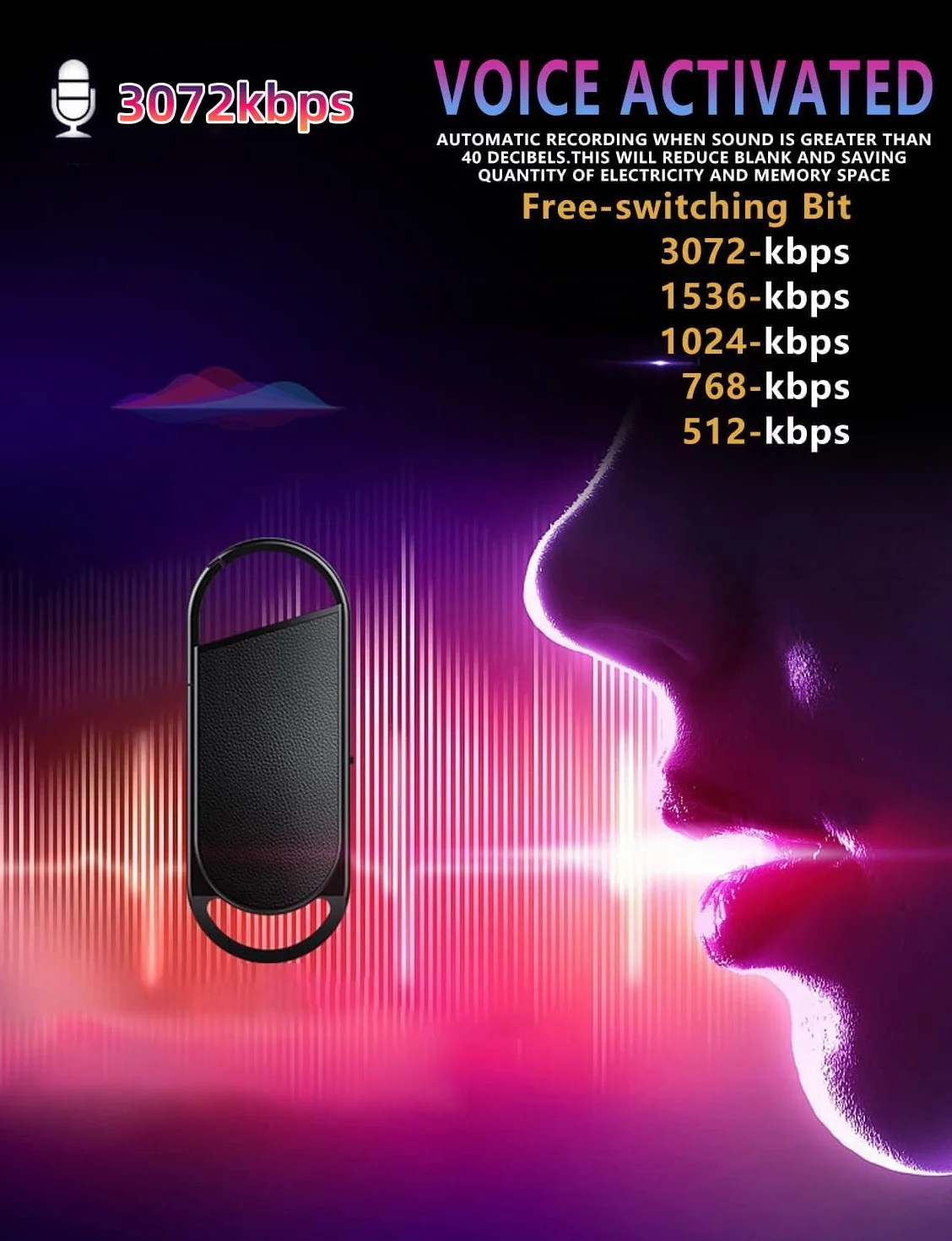 Cyfrowy dyktafon 64 GB, z pojemnością nagrywania 750 godzin i 30 godzin ciągłego nagrywania, mini przenośny dyktafon na wykłady, spotkania, wywiady, klasy, obsługa jednym przyciskiem
