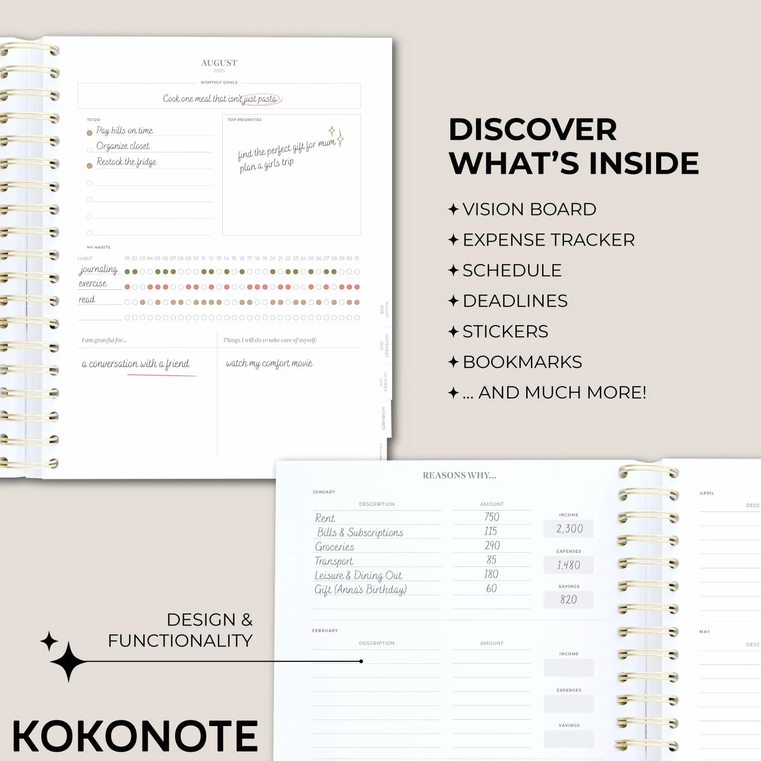 Kokonote Academic Diary 2025-2026 Week To View - Back To Black | Academic Planner 2025-2026 With Stickers & Tabs, Student Essentials For University, Back To School Stationery