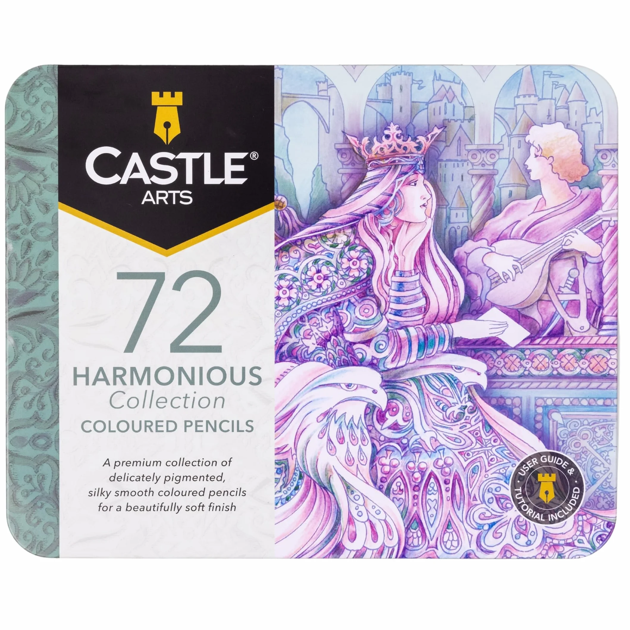 Castle Art Supplies Zestaw 72 harmonijnych kredek, na bazie wosku, miękkie kredki do profesjonalnego mieszania, unikalna wyciszona i nastrojowa paleta dla dorosłych artystów, zorganizowana w puszce