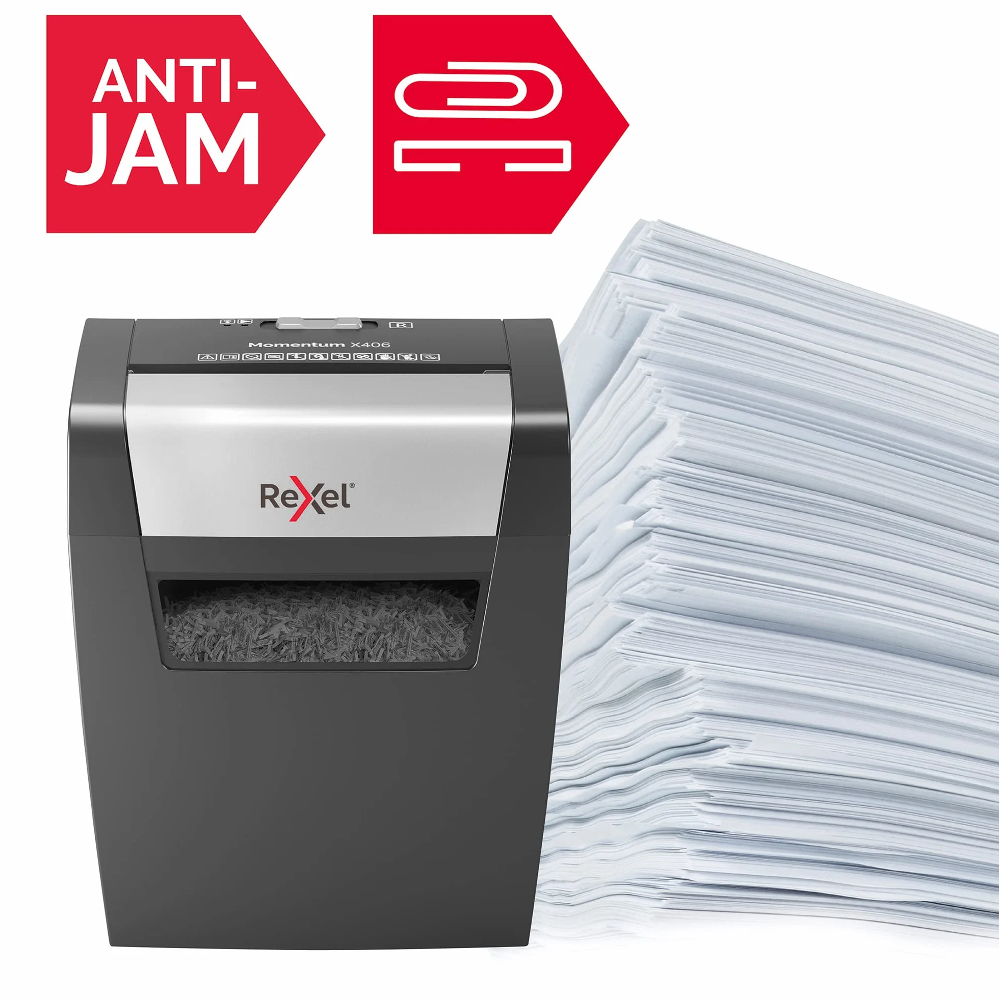 Rexel, Niszczarka do Papieru Rexel Momentum X406, Tnie na Konfetti do 6 kartek (80 gsm), Poziom Bezpieczeństwa P-4, Pojemność Pojemnika na Ścinki 15L, Kolor Czarny (2104569EU)