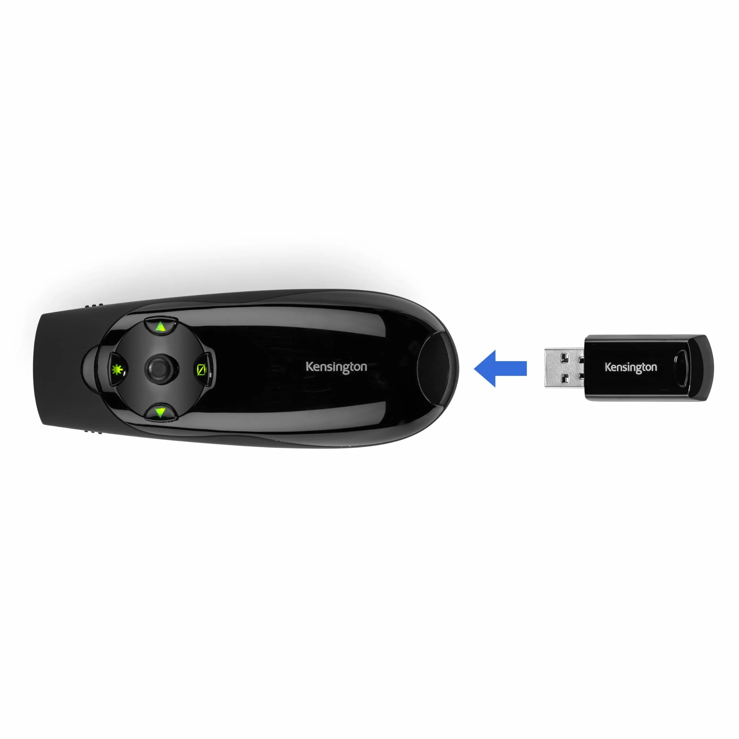 Kensington Prezenter Expert – bezprzewodowy przycisk do prezentacji USB z zielonym wskaźnikiem laserowym i sterowaniem kursorem, kompatybilny z Windows i macOS, zasięg 45 m (K72426EU)