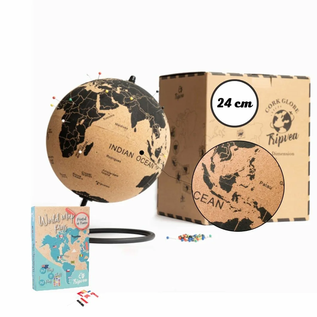 Kula ziemska z korka 24 cm + 342 flagi do sadzenia – vintage globus korkowy – dekoracja mapy świata – idealny prezent i dekoracja – wysokość 24 cm