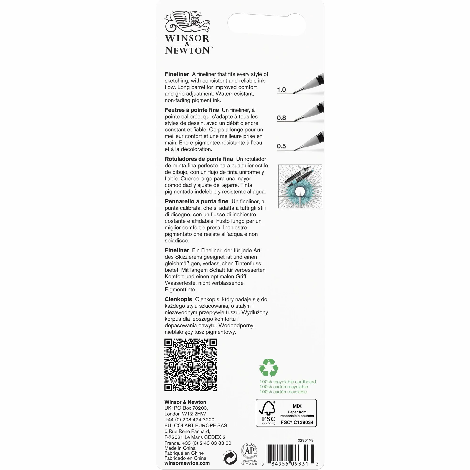 Winsor & Newton Fineliner - Zestaw 3 kalibrowanych długopisów fineliner, kolor czarny, końcówki 0,5, 0,8, 1.0