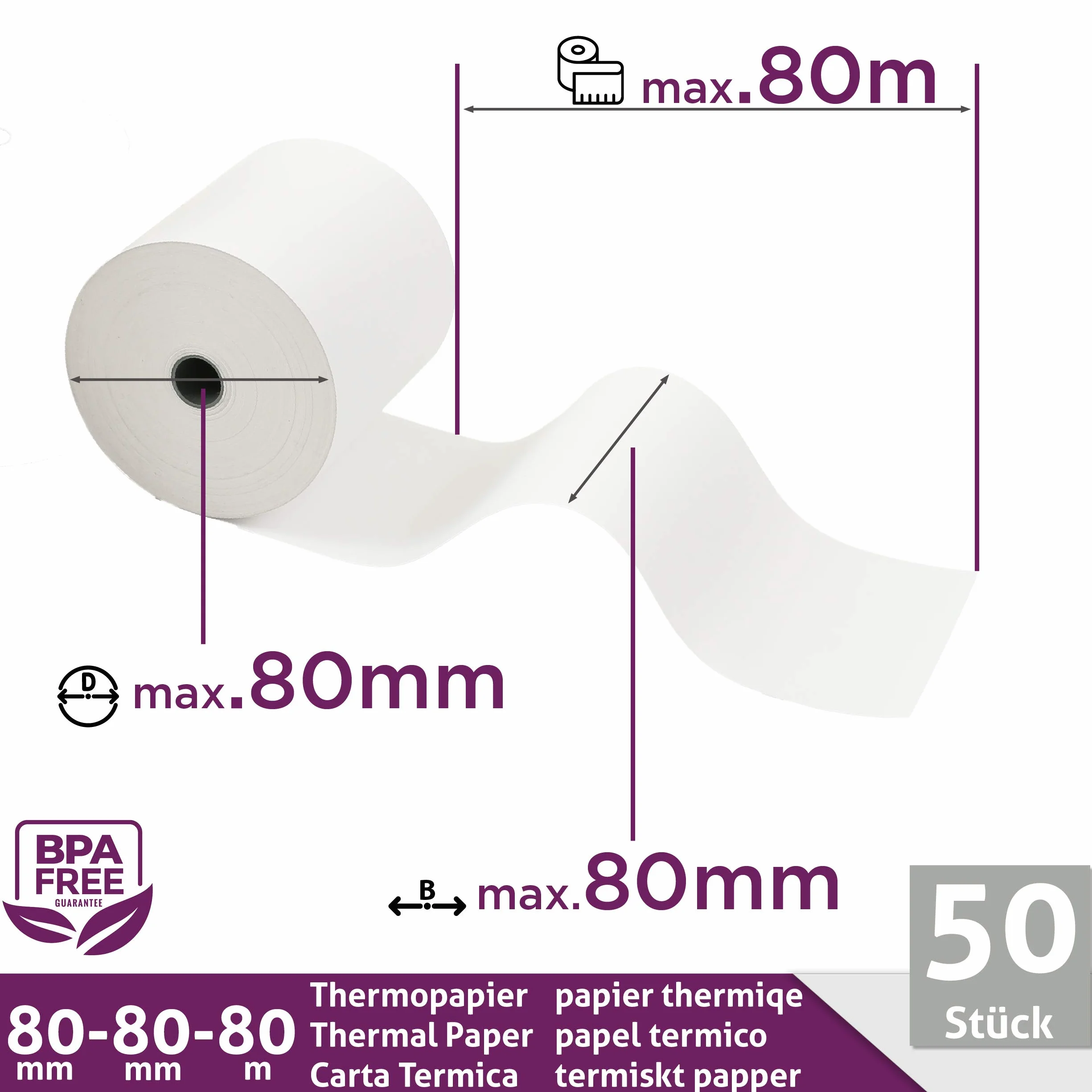 LYNNE - Rolka termiczna 80x80x12 - szpula 80x80 do drukarki - Rolka drukarki termicznej 80 mm x 80m x 12 mm - bez BPA - [50x]