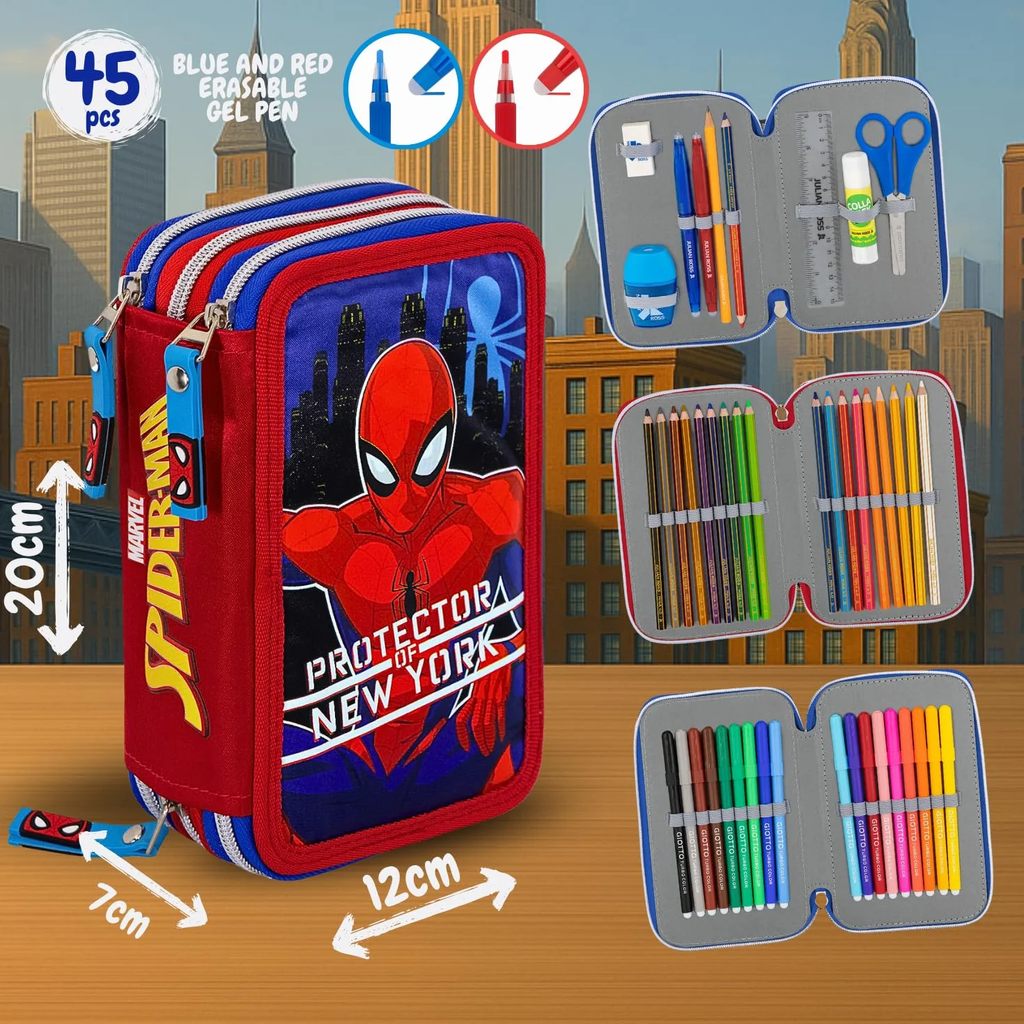 Piórnik z potrójnym wypełnieniem 44 akcesoria szkolne 20 cm Spiderman
