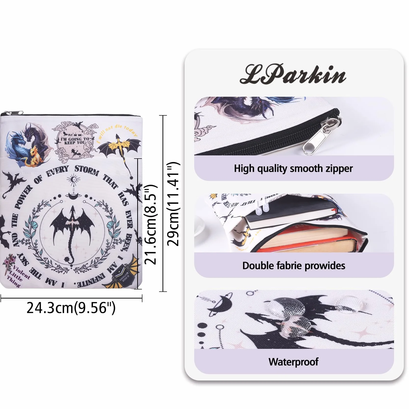 Oryginalne etui na książkę LParkin Fourth Wing Merch, wodoszczelne etui na książki, figurka smoka, ochrona książki, neutralne płótno, z zamkiem błyskawicznym, jako prezent dla miłośników książek