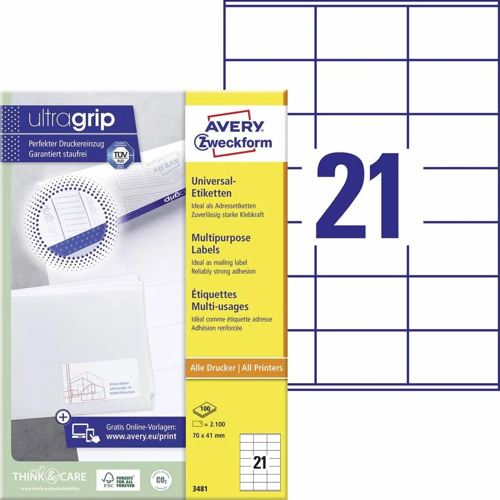 AVERY Zweckform 3481 naklejki adresowe (2100 etykiet samoprzylepnych, 70 x 41 mm na A4, papier matowy, etykiety nadawcy do zadrukowania, samoprzylepne etykiety adresowe z ultragrip), 100 arkuszy,