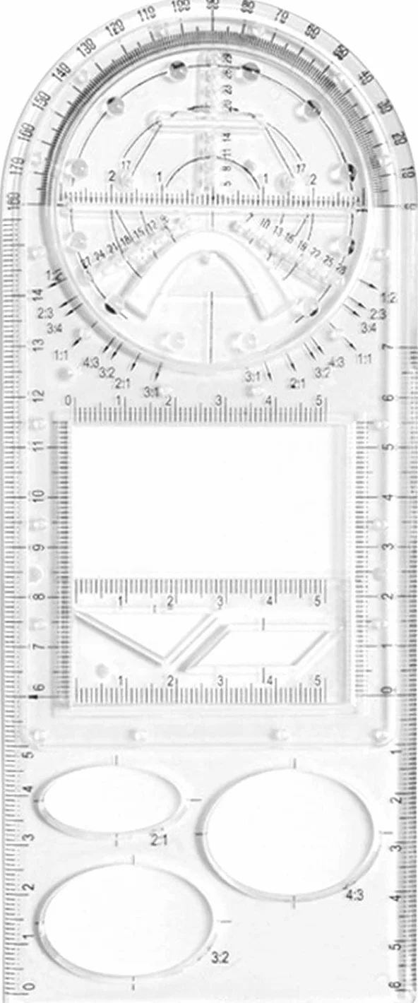 Zestaw 4 wielofunkcyjnych linijek geometrycznych, 2 metry trójkątne, 2 szablony okrągłe 360 stopni, geometryczny szablon do rysowania, narzędzie pomiarowe