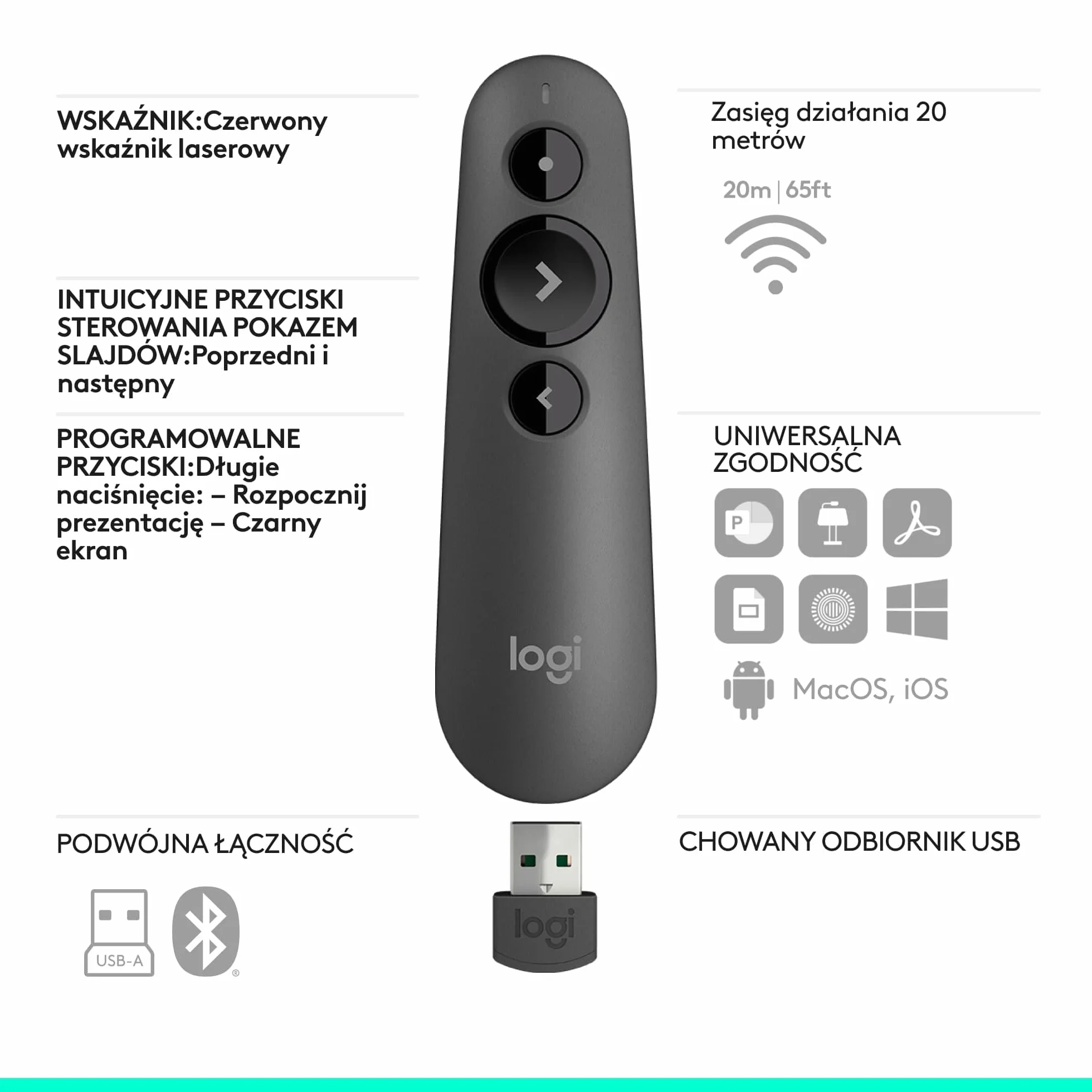 Logitech R500s Laserowy wskaźnik/Pilot do prezentacji (Klasa 1) – Bluetooth i USB; uniwersalna kompatybilność, inteligentna bateria: 12 miesięcy użytkowania -Ciemno szary