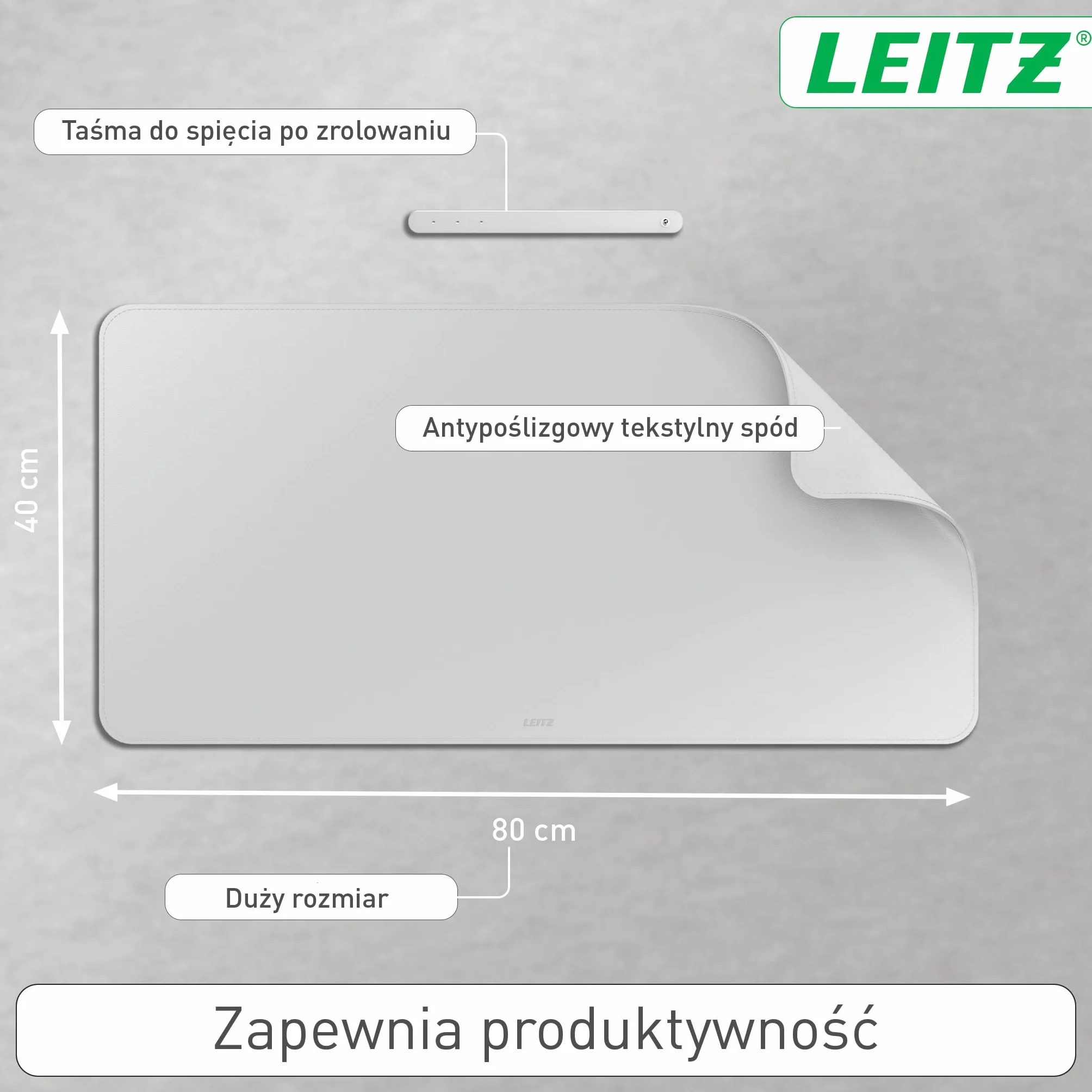 Duża mata Leitz na biurko – Łatwa do czyszczenia, wodoodporna mata ochronna pomaga utrzymać porządek na biurku, 80 x 40 cm, szara