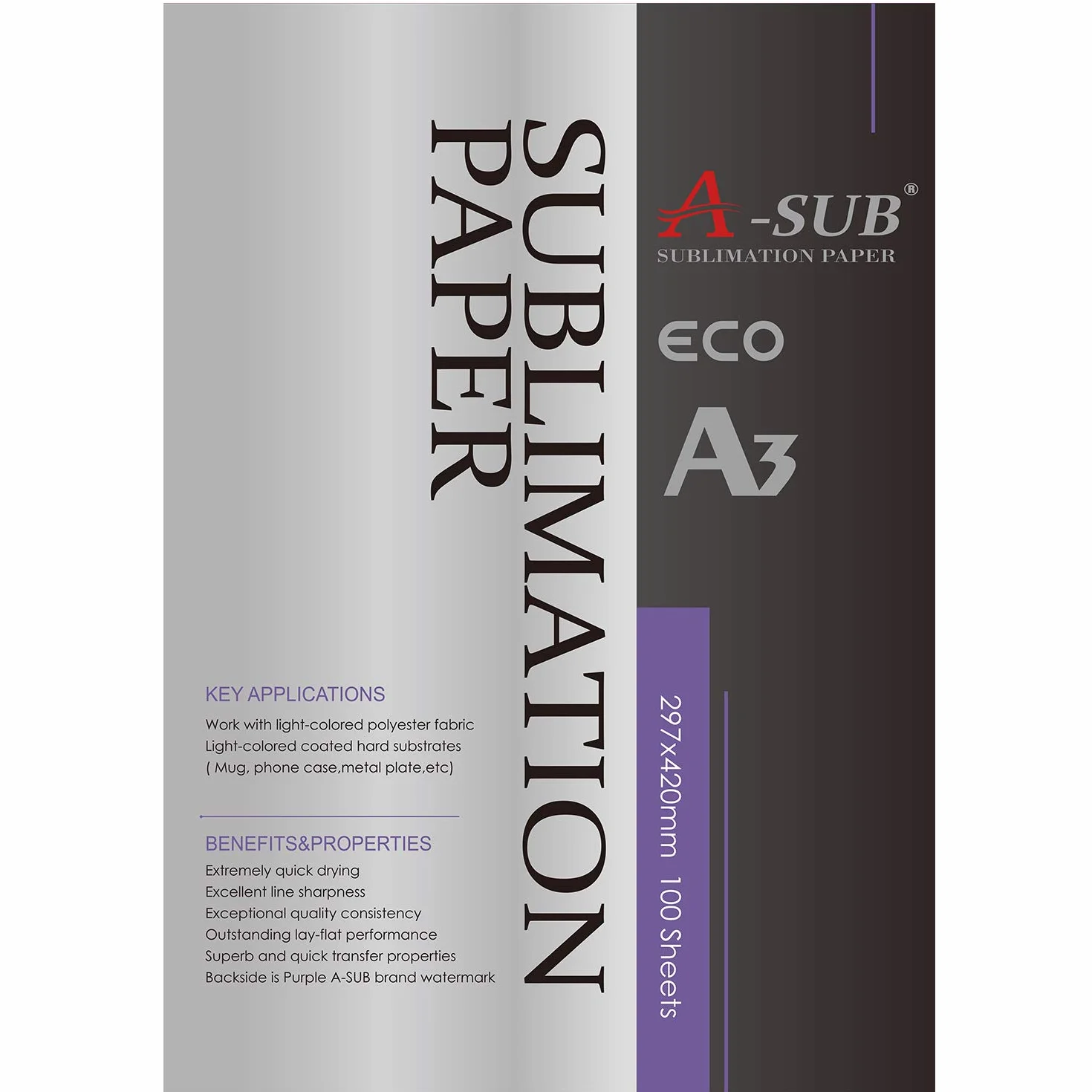A-SUB Papier sublimacyjny A3, 297 x 420 mm, 100 arkuszy, kompatybilny z drukarką sublimacyjną EPSON, SAWGRASS, RICOH, Brother