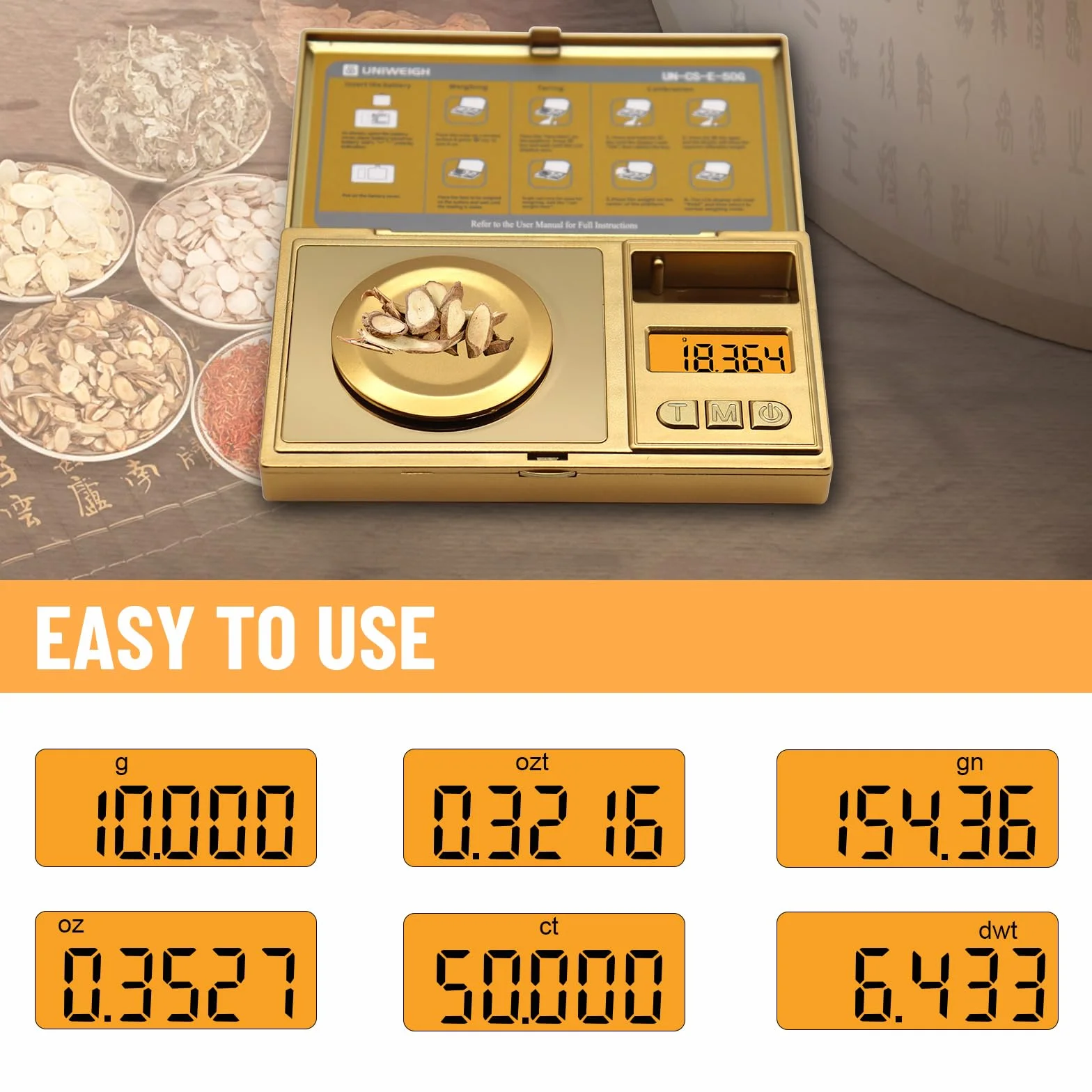 UNIWEIGH Cyfrowa waga miligramowa 50 g/001 g, bardzo precyzyjna waga kieszonkowa Mg, waga jubilerska z tarą, 6 jednostek, waga proszkowa, waga mikrogramowa do medycyny proszkowej, kamień szlachetny