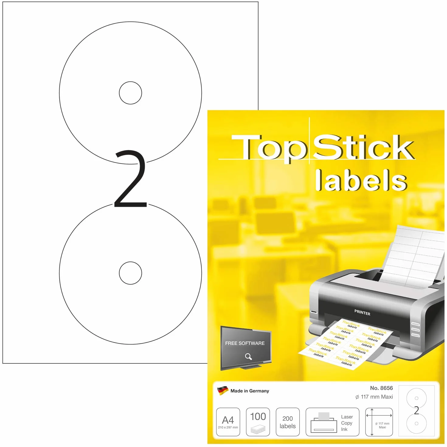 TopStick 8656 etykiety CD DIN A4 (Ø 117 mm maks, 100 arkuszy, papier, matowy) samoprzylepne, możliwość zadrukowania, trwale przylegające naklejki CD, 200 etykiet samoprzylepnych, białe