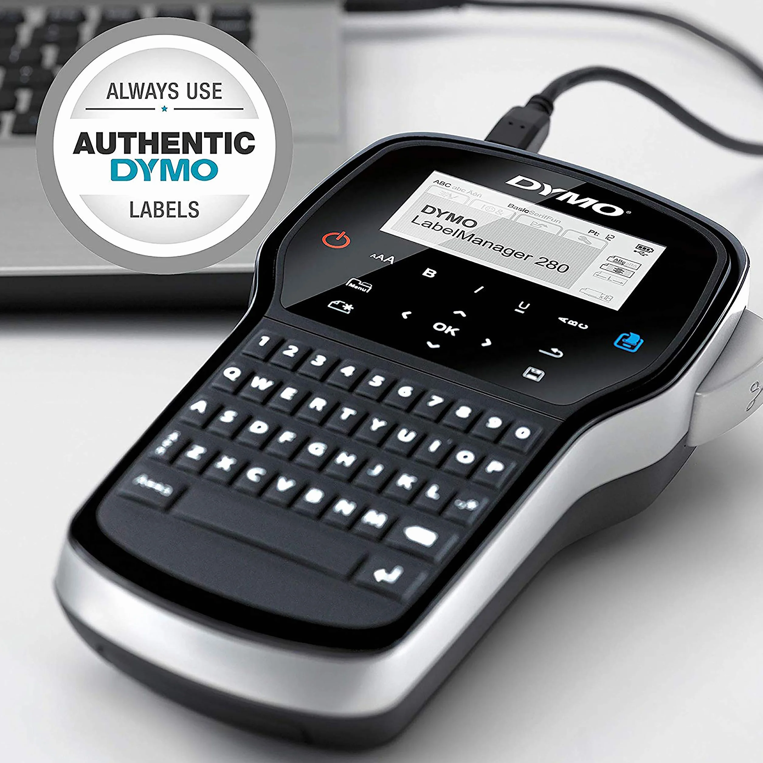Zestaw ręcznej drukarki etykietDYMO LabelManager 280, klawiatura QWERTY, 2 rolki etykiet D1 i walizka do przenoszenia