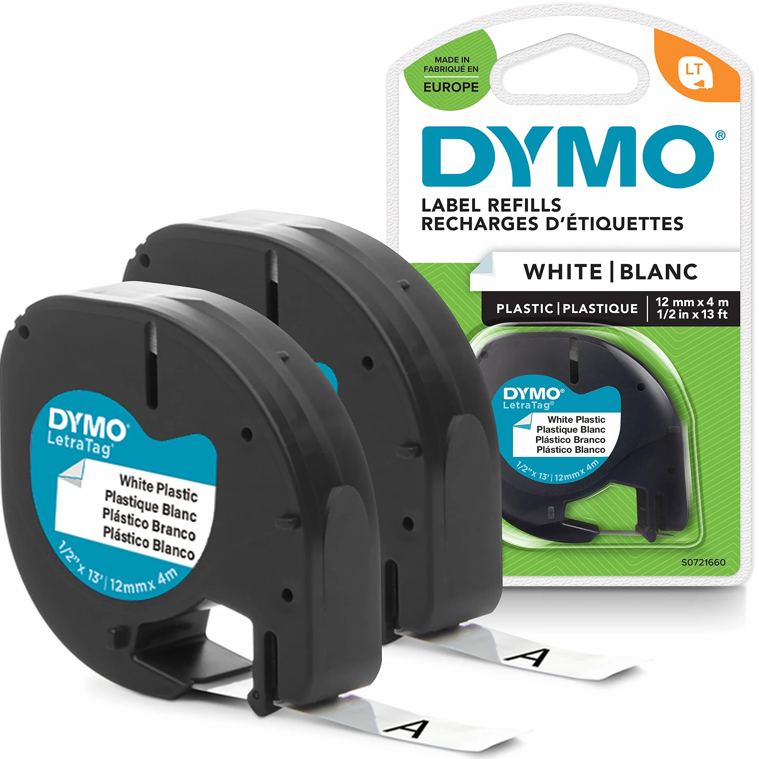 Etykiety plastikowe LetraTag firmy DYMO | Autentyczne | Rolka 12 mm x 4 m | Czarny druk na białej etykiecie | Samoprzylepne etykiety uniwersalne do metkownic LetraTag | 2 szt.