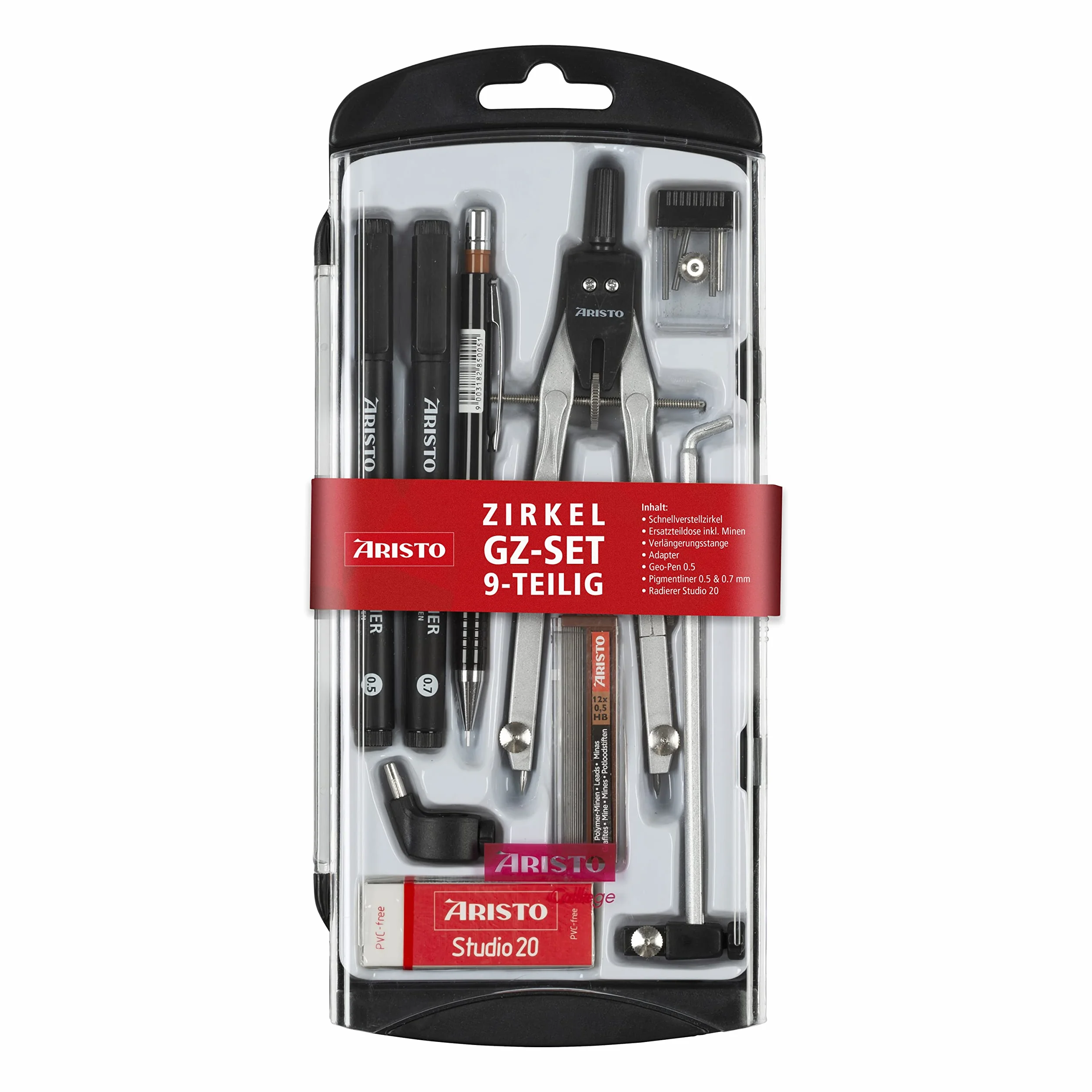Aristo AR80078 9-częściowy zestaw szkolny (cyrkiel z 2 przegubami i bogatymi akcesoriami, ołówek automatyczny z wkładami zapasowymi 0,5 mm, 2 pigmenty, gumka do ścierania), srebrno-czarny