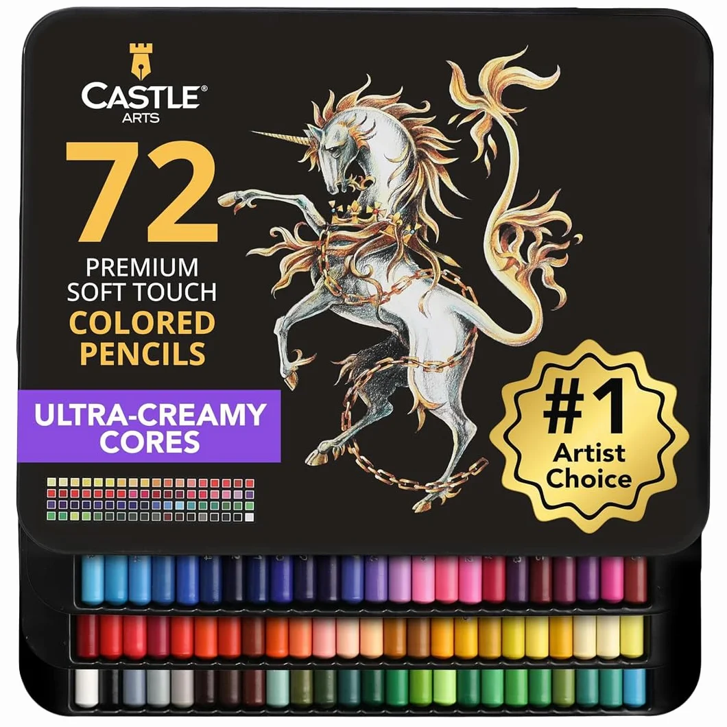 Castle Art Supplies Zestaw 72 kredek do kolorowania | Kolorowe grafity premium z miękkim rdzeniem dla dorosłych artystów, profesjonalistów i kolorystów | W blaszanym pudełku prezentacyjnym