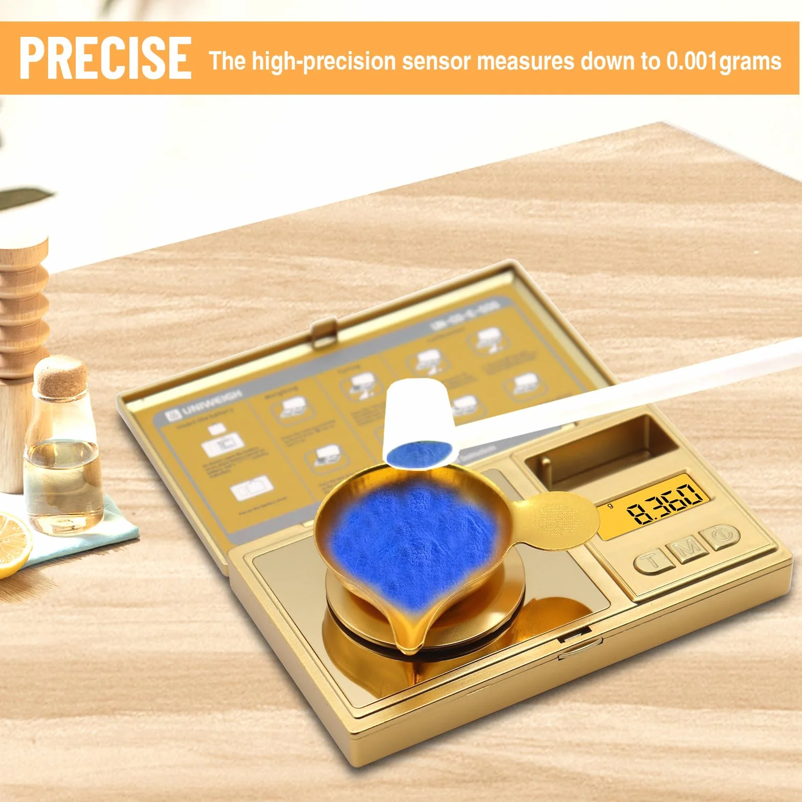 UNIWEIGH Cyfrowa waga miligramowa 50 g/001 g, bardzo precyzyjna waga kieszonkowa Mg, waga jubilerska z tarą, 6 jednostek, waga proszkowa, waga mikrogramowa do medycyny proszkowej, kamień szlachetny