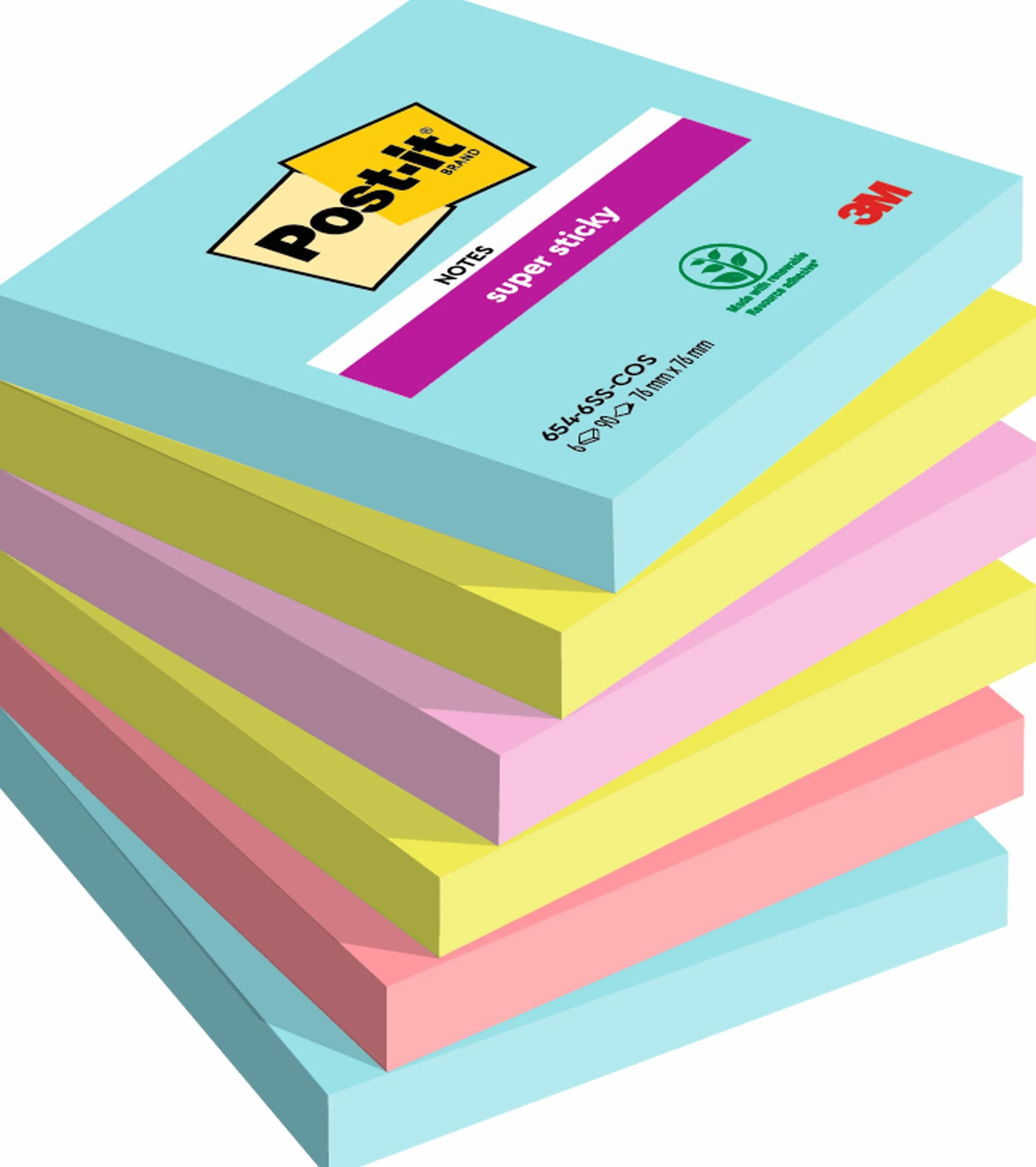 Post-it Super Sticky Notes Miami Collection 6546SMI samoprzylepne karteczki, 76 x 76 mm, 6 bloków kwadratowych, 90 arkuszy w 4 kolorach, turkusowy, neonowy zielony, neonowy różowy, czerwony