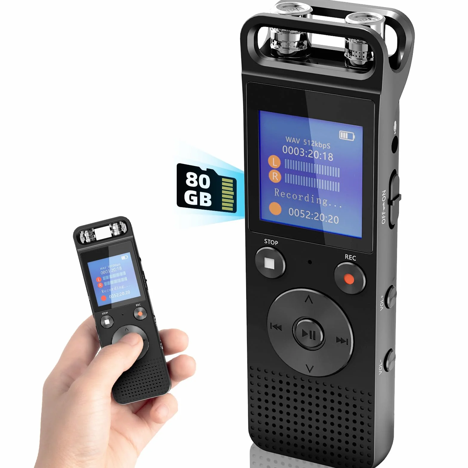Hinne Dyktafon cyfrowy 80 G, nagrywarka z funkcją przestrzenną, 3072 Kb/s, nagrywanie HD, 1000 godzin audio, mobilny rejestrator z hasłem do lekcji, spotkań