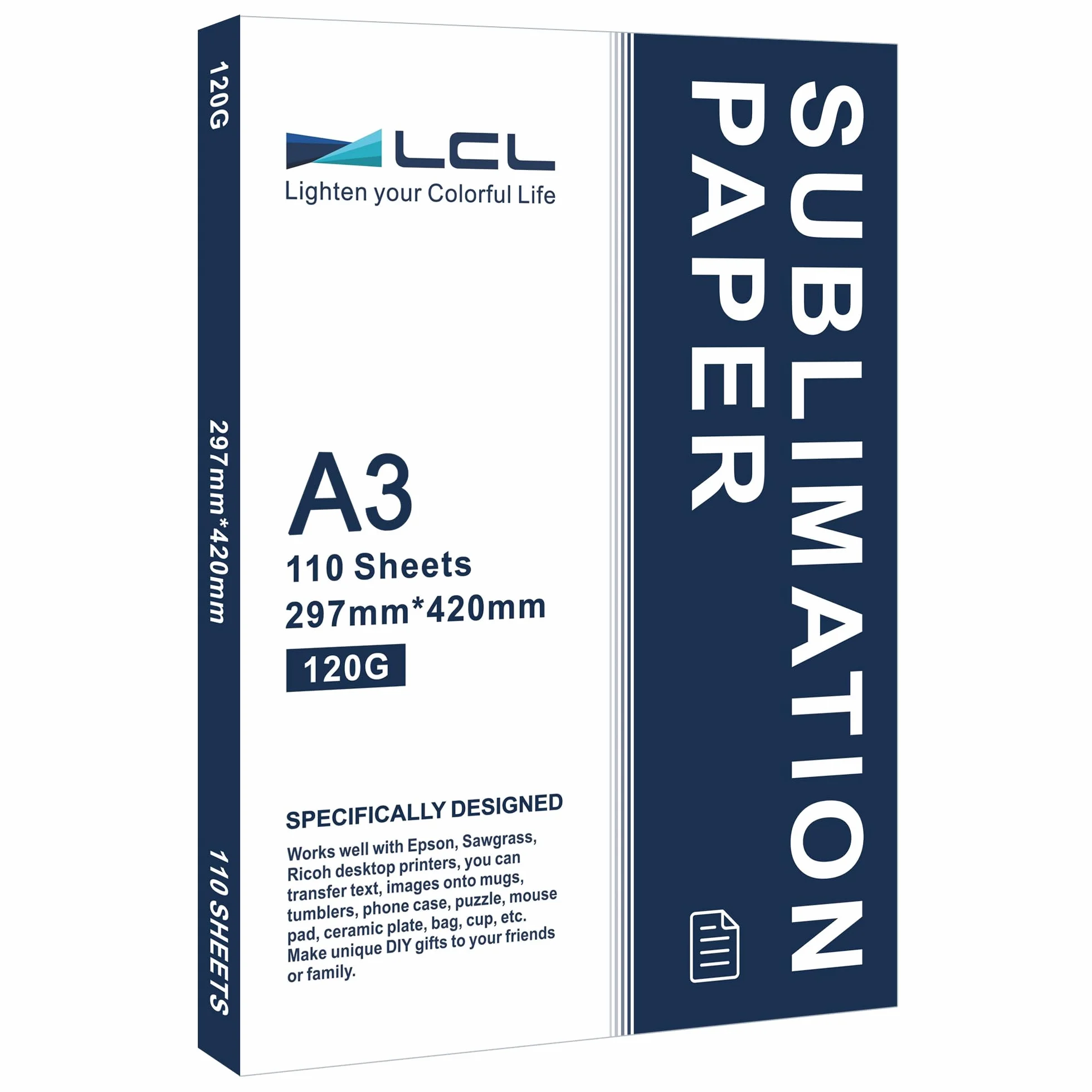 LCL Papier do sublimacji A3, 420 x 297 mm, 120 g/m² (110 arkuszy), kompatybilny z drukarkami sublimacyjnymi EPSON, SAWGRASS, RICOH, Brother