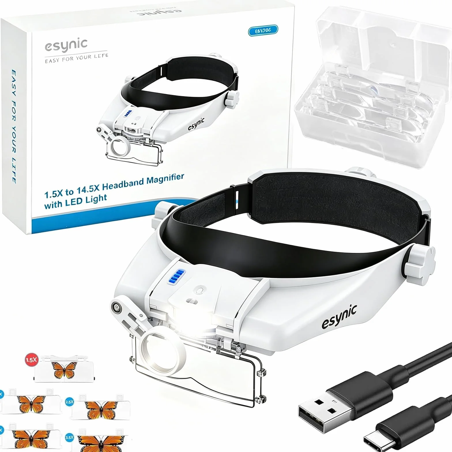 eSynic Okulary powiększające z oświetleniem LED-kask lupa czołowa szklarnia-5 odpinanych soczewek (1,5X, 2,0X, 2,5X, 3,0X, 3,5X) wszystkie precyzyjne prace, naprawy, szycie, biżuteria