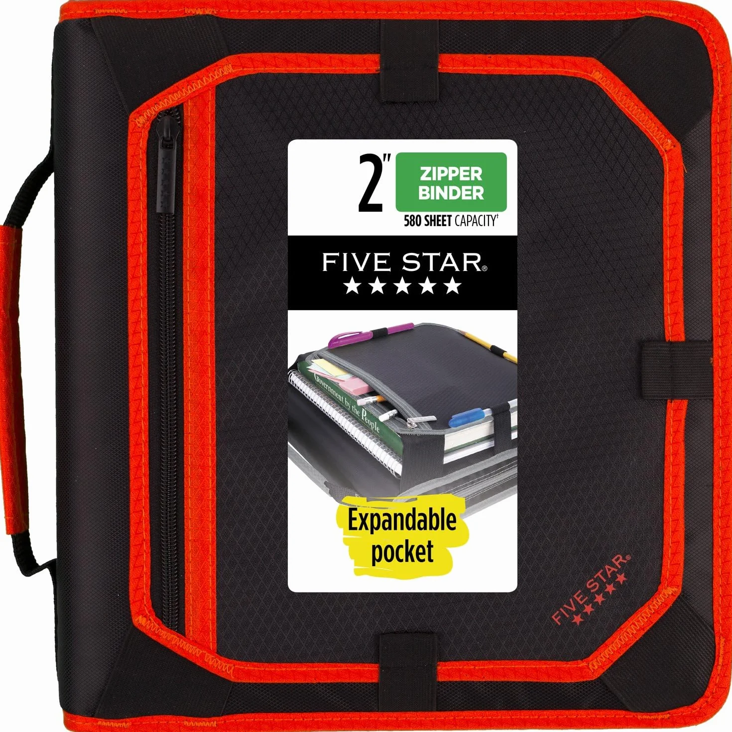 Five Star 29052CE8 segregator na zamek błyskawiczny, 2-calowy, 3-pierścieniowy segregator z panelem rozszerzeń i pilnikiem rozszerzającym, pojemność 580 arkuszy, czerwony/czarny