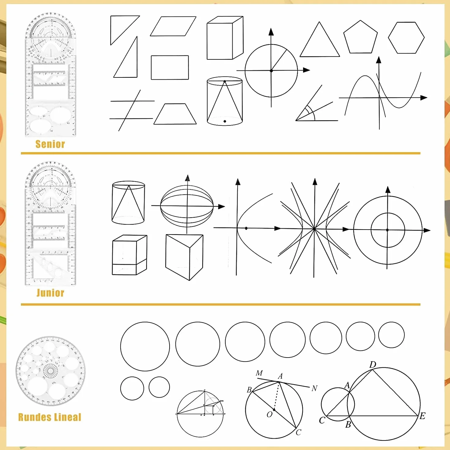 Zestaw 4 wielofunkcyjnych linijek geometrycznych, 2 metry trójkątne, 2 szablony okrągłe 360 stopni, geometryczny szablon do rysowania, narzędzie pomiarowe