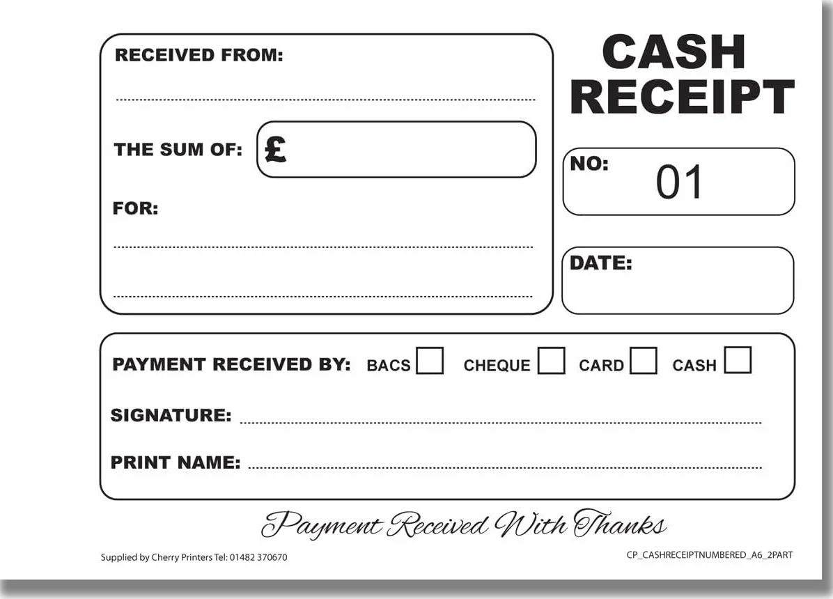 Cherry Carbonless NCR Cash Receipt Book Duplicate A6 50 Ponumerowanych Zestaw 2 Sztuki