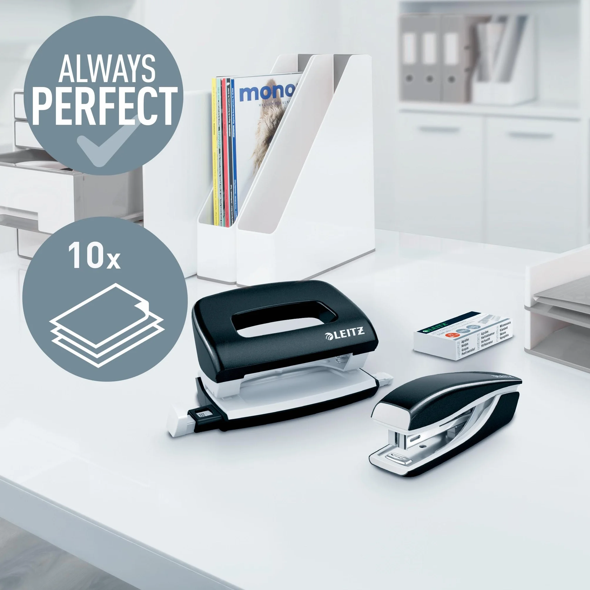 Leitz, Zestaw Zszywacz i Dziurkacz Metalowy Leitz NeXXt WOW, Zestaw Mini, Zszywa i Dziurkuje do 10 Kartek, Opakowanie Zszywek P2 Nr 10 w Komplecie, Kolekcja WOW, Kolor Czarny, 55612095