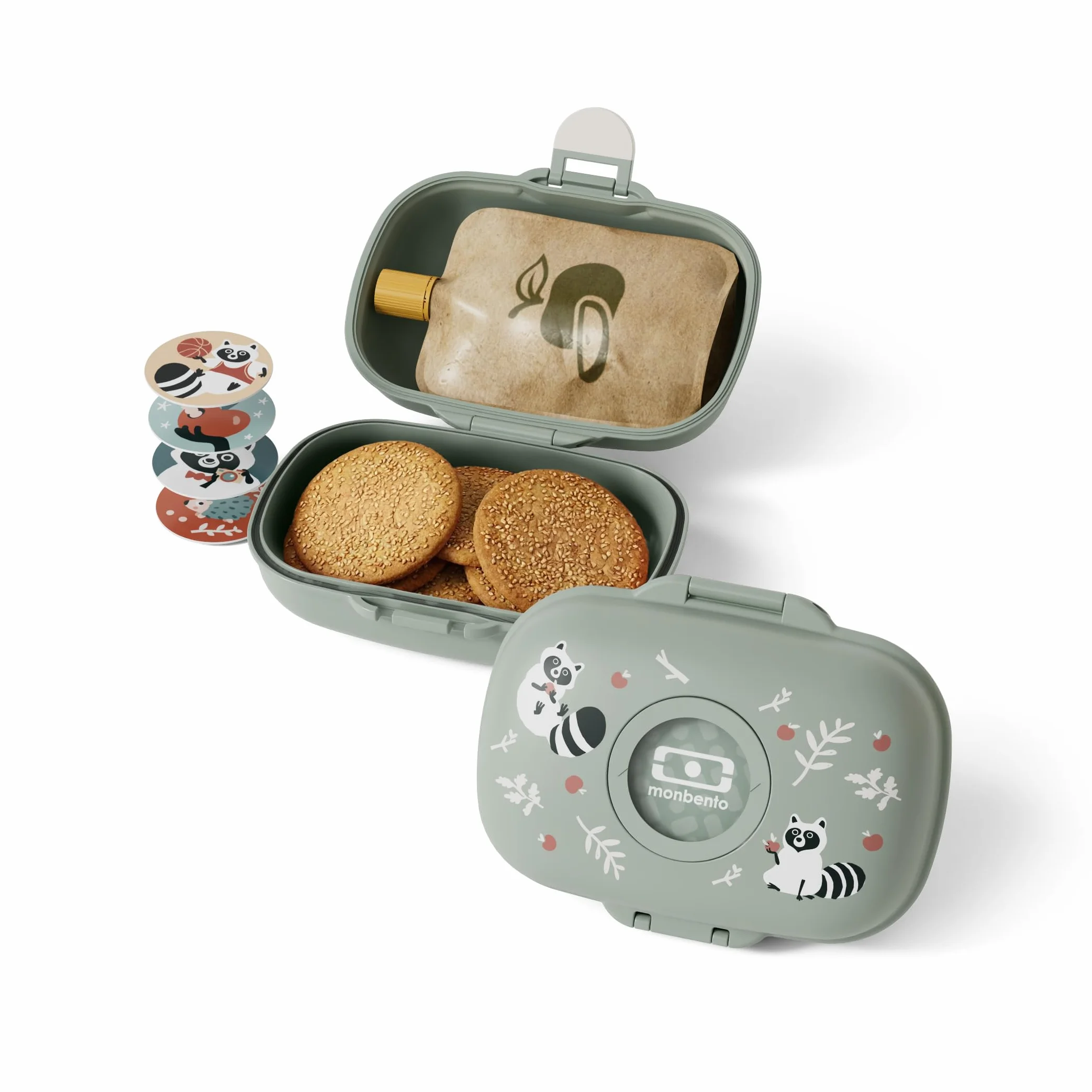 MONBENTO - Kids Snack Box MB Gram Raccoon - Boys & Girls - idealny na lunch lub przekąski w szkole/parku - BPA Free - Food Grade Safe - Zielony
