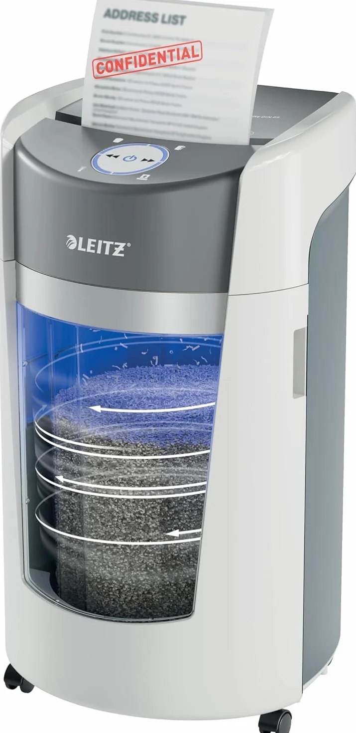 Leitz IQ OptiMax Office 550 Niszczarka P5 Mikrocięcie 35L 550 kartek A4 10-12 kartek 70-80 gsm 120 min