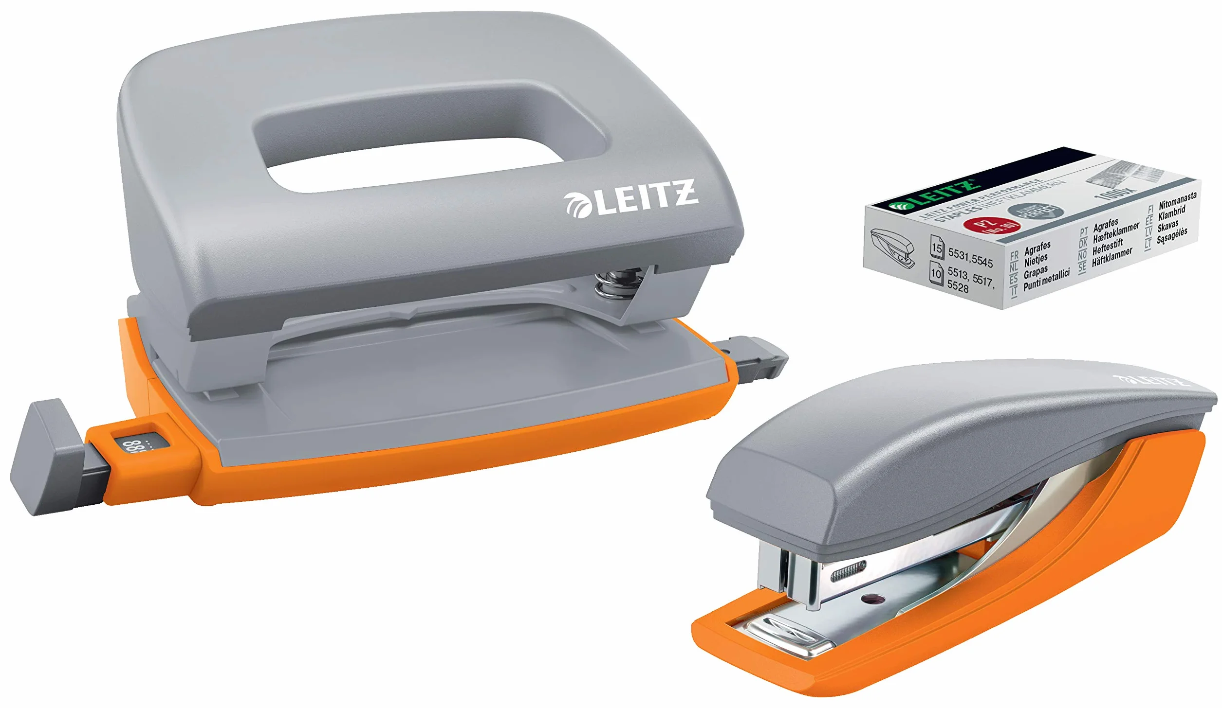 Leitz 55996088 Mini zszywacz i dziurkacz, zszywacz lub dziurkacz do 10 arkuszy, zawiera zszywki, Urban Chic Range, szary, 55996088